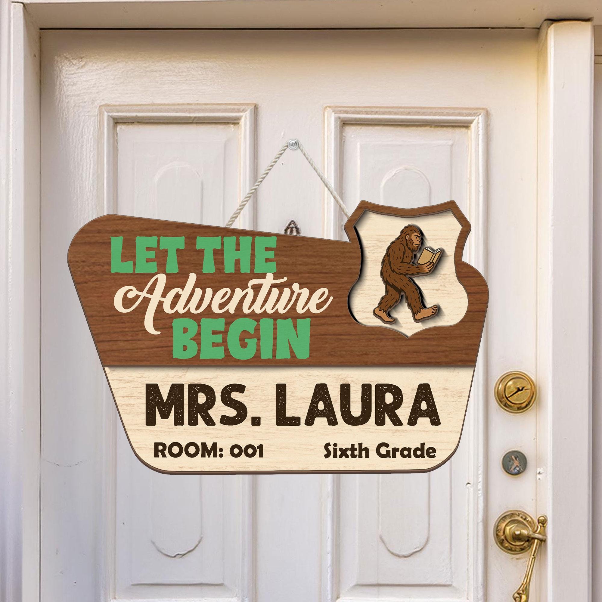 Personalized Teacher Name Sign for Door, Let The Adventure Begin Bigfoot Classroom Decor, Custom Grade & Room Number Hanger Gift