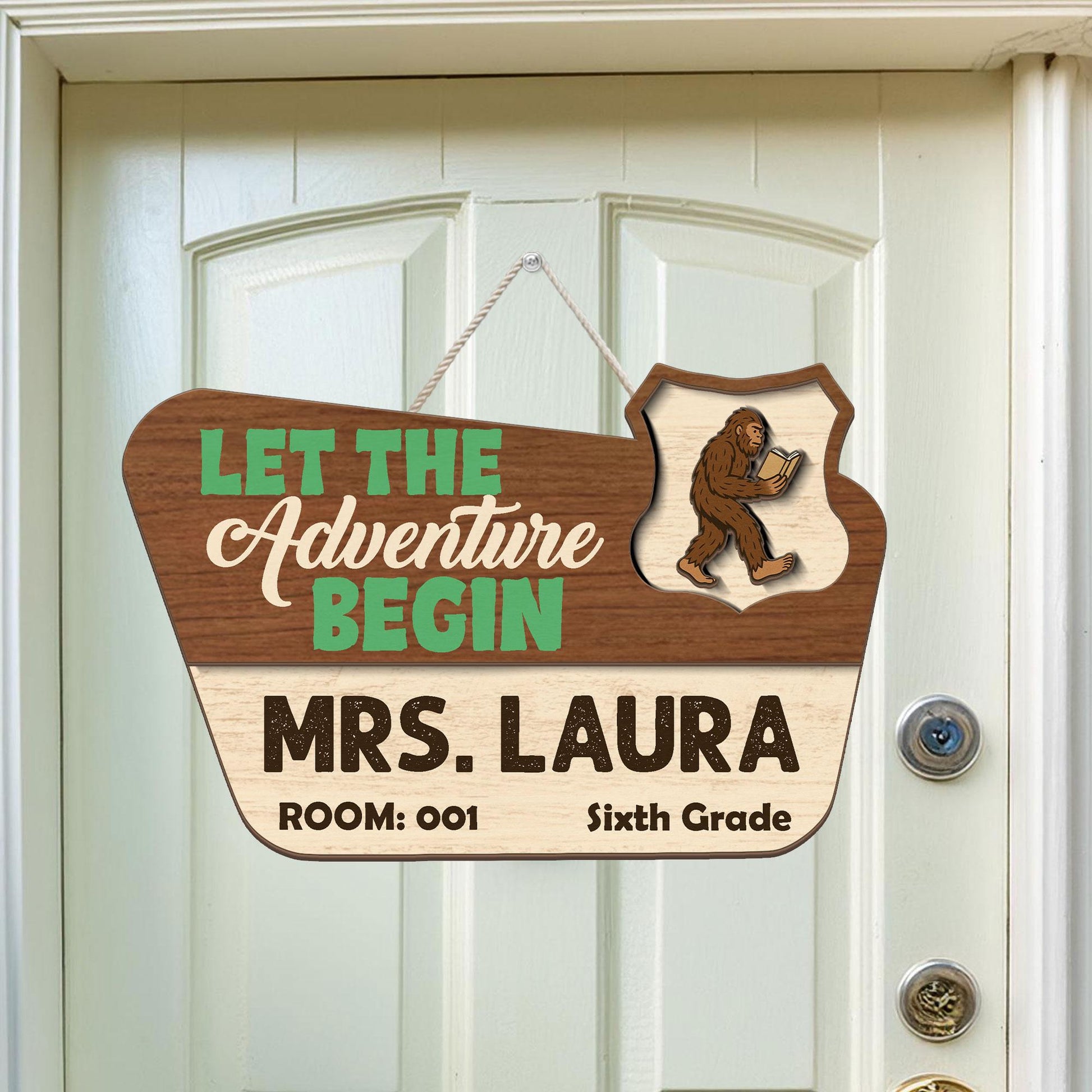 Personalized Teacher Name Sign for Door, Let The Adventure Begin Bigfoot Classroom Decor, Custom Grade & Room Number Hanger Gift