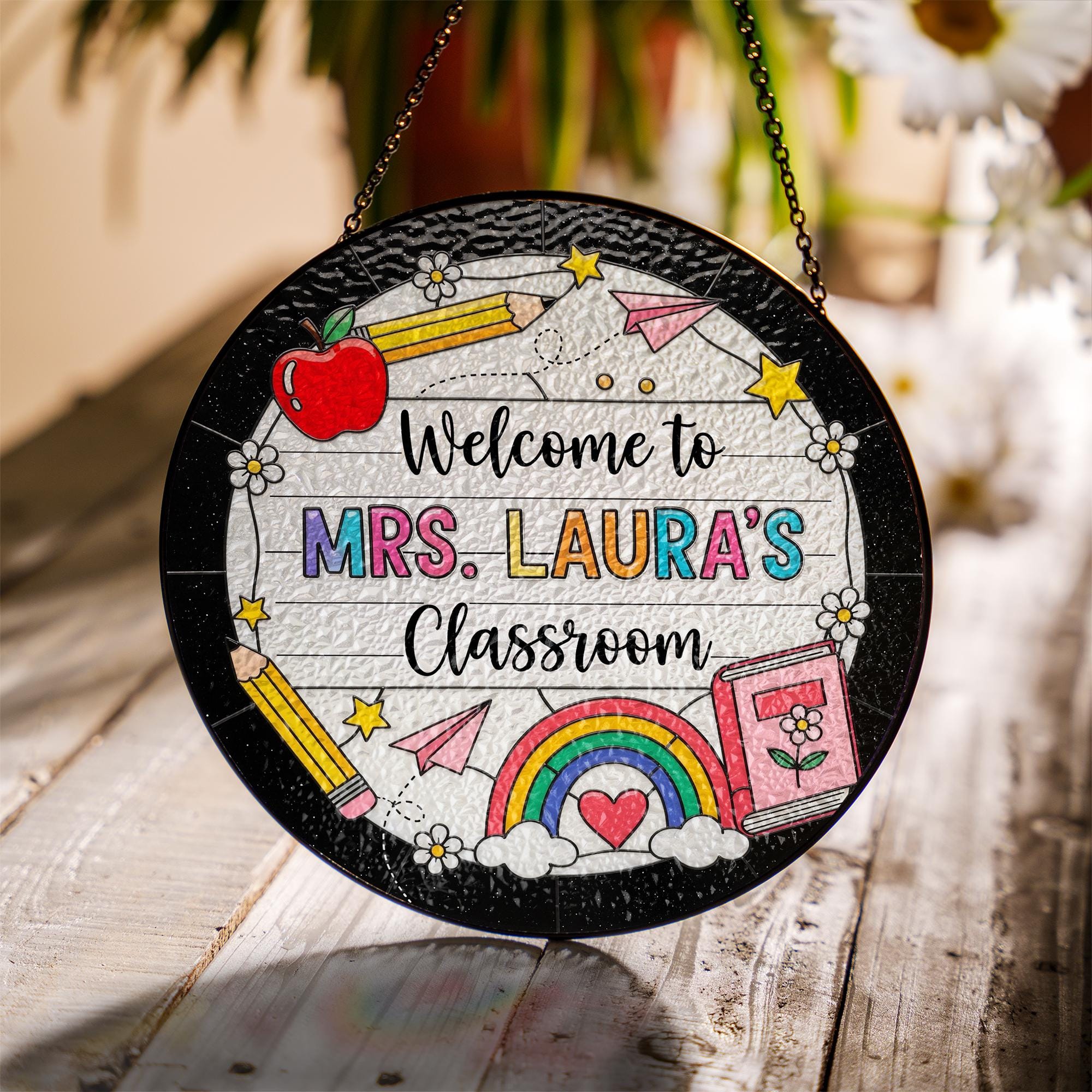 Personalized Teacher Classroom Suncatcher, Custom Stained Glass Window Decor, Unique Teacher Appreciation Gift for Mrs. Laura