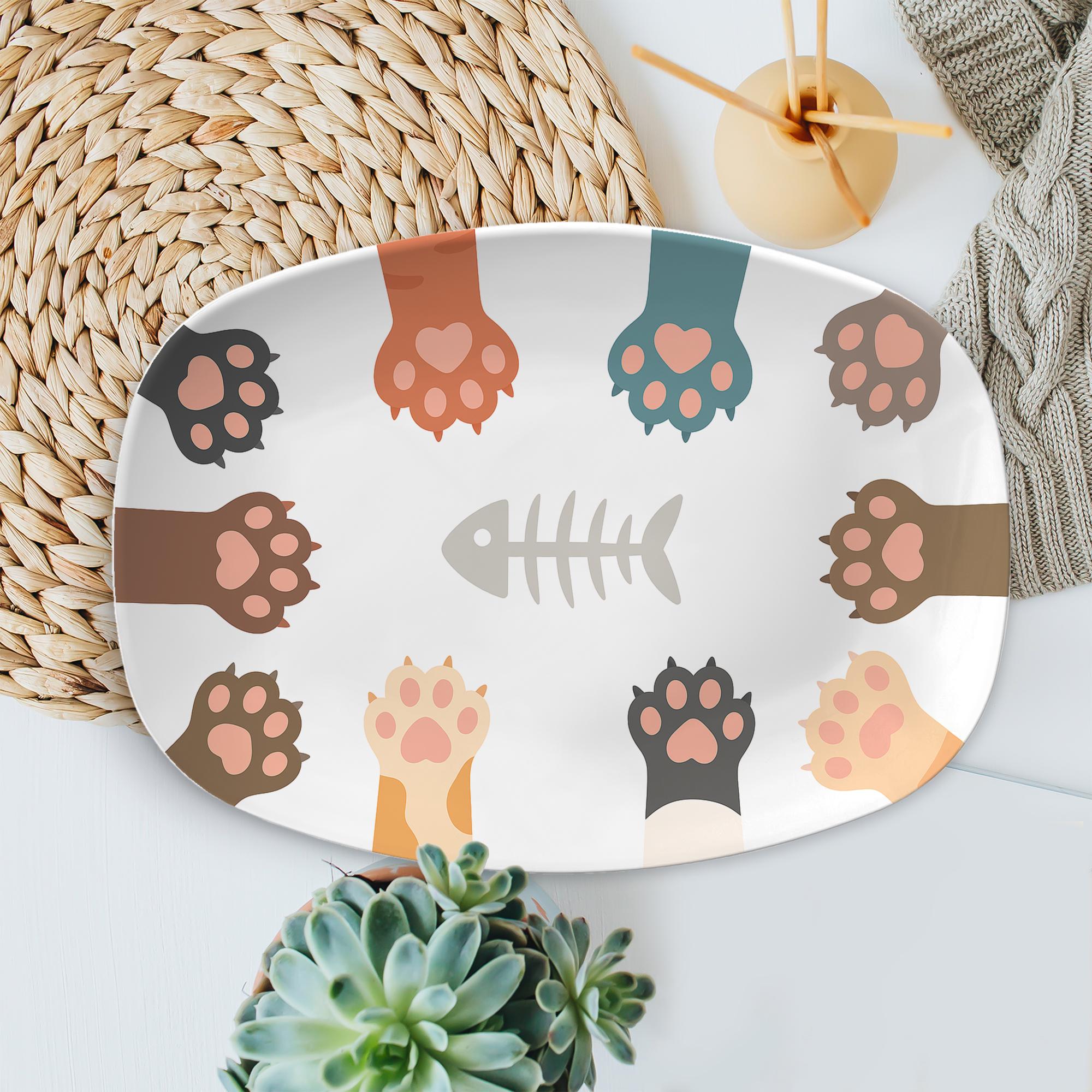 Cute Cat Paw Platter – Fishbone Design Ceramic Tray, Cat Lover Kitchen Decor, Pet Themed Serving Dish for Home or Gift