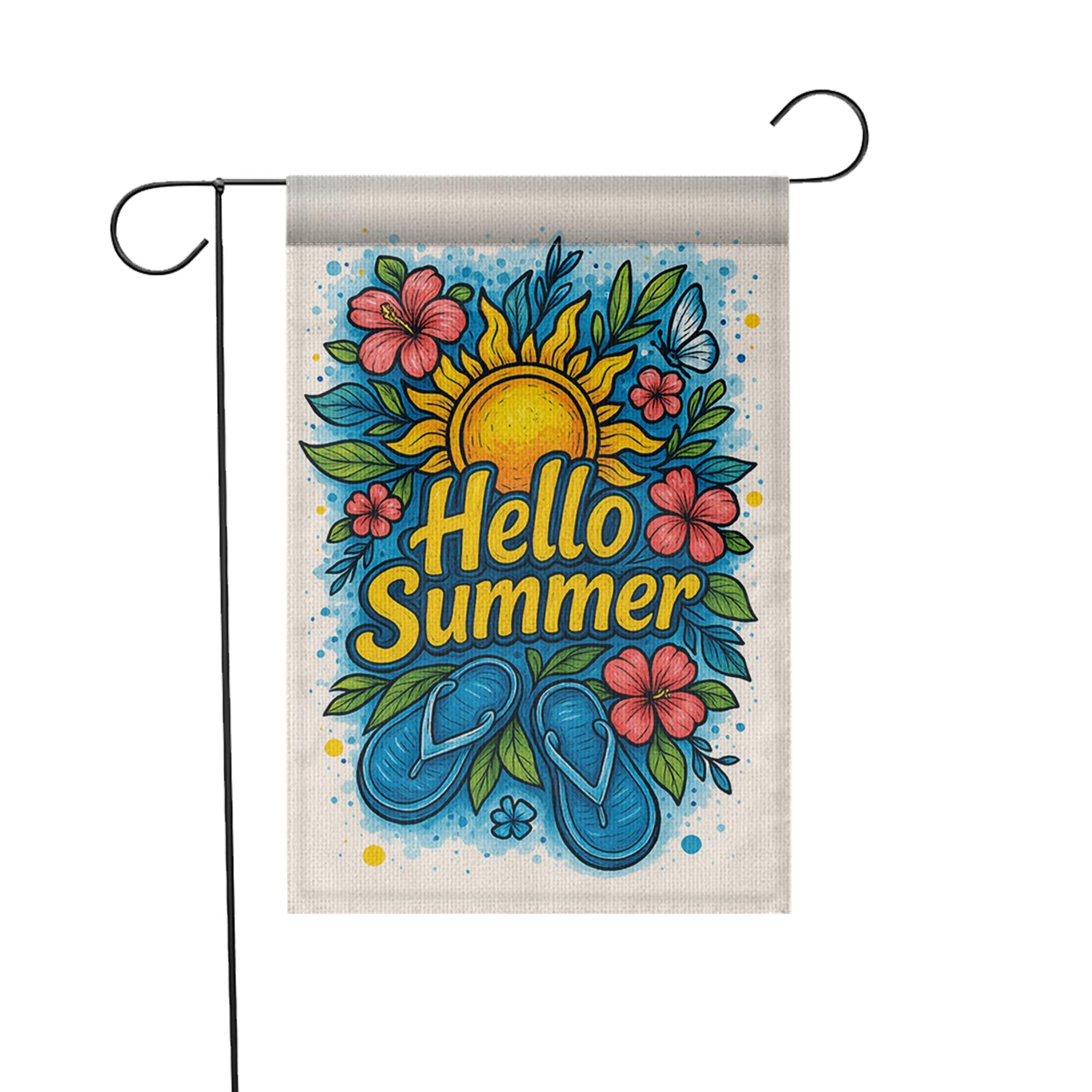 Hello Summer Garden Flag – Bright Flip Flop & Sunflower Outdoor Decor, Colorful Floral Yard Flag for Summer Porch or Garden Display