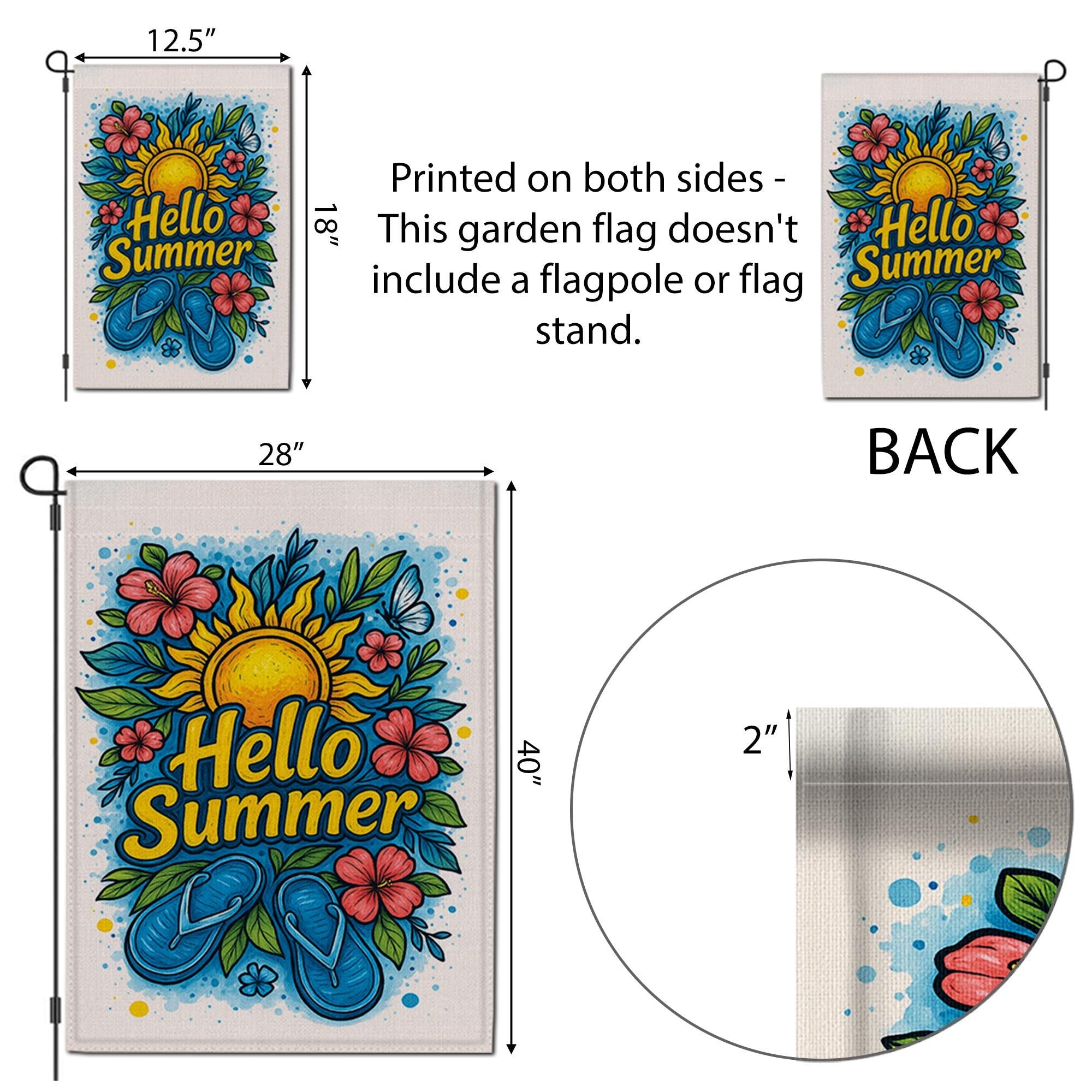 Hello Summer Garden Flag – Bright Flip Flop & Sunflower Outdoor Decor, Colorful Floral Yard Flag for Summer Porch or Garden Display