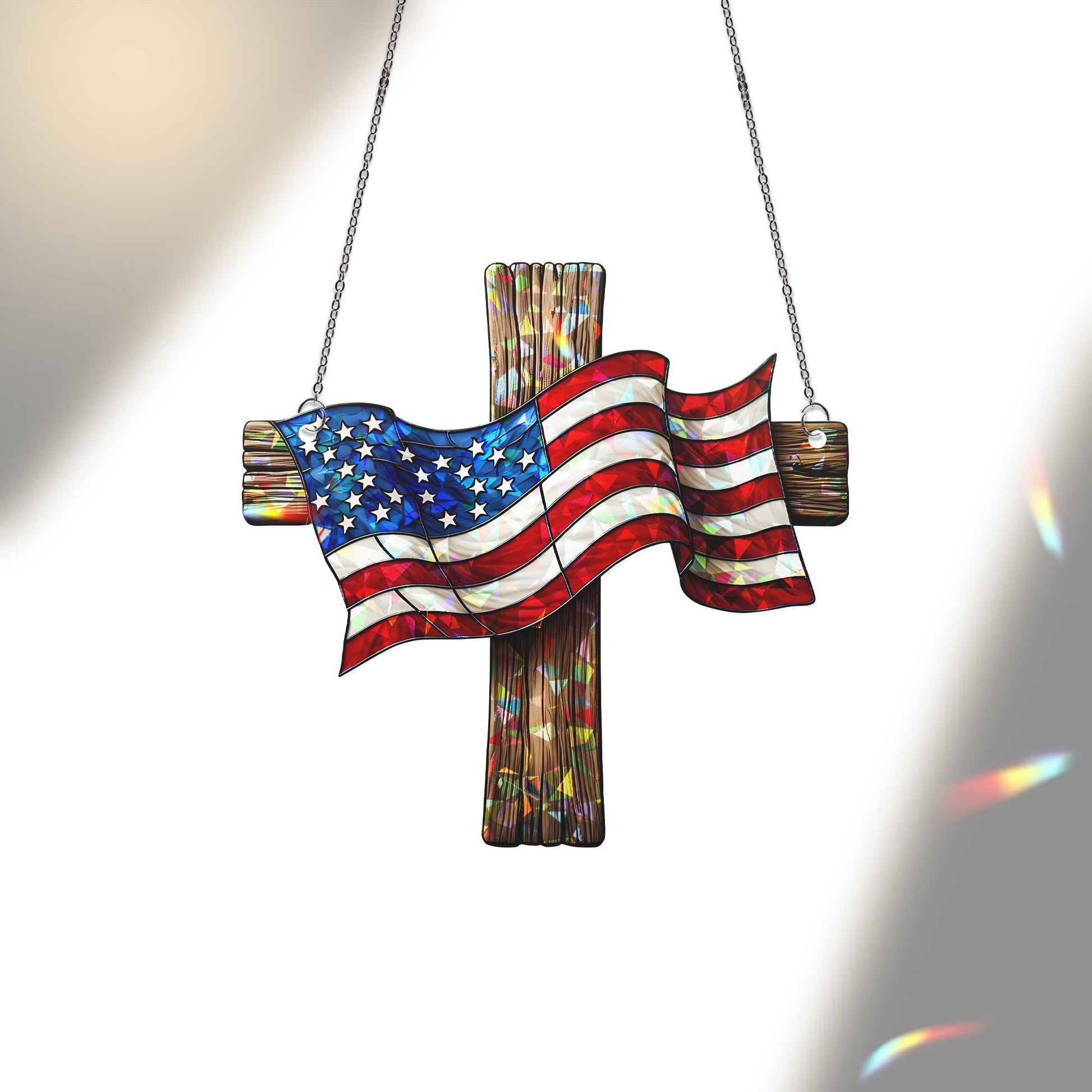 Patriotic Cross Acrylic Window Hanging – American Flag Suncatcher for 4th of July, Independence Day Christian Home Decor
