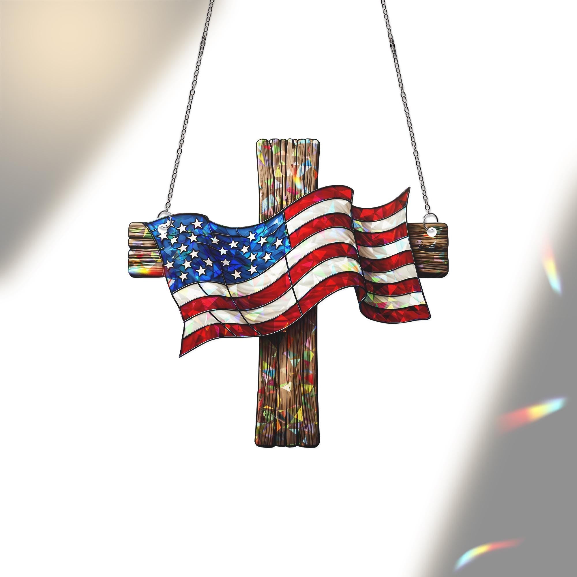 Patriotic Cross Acrylic Window Hanging – American Flag Suncatcher for 4th of July, Independence Day Christian Home Decor