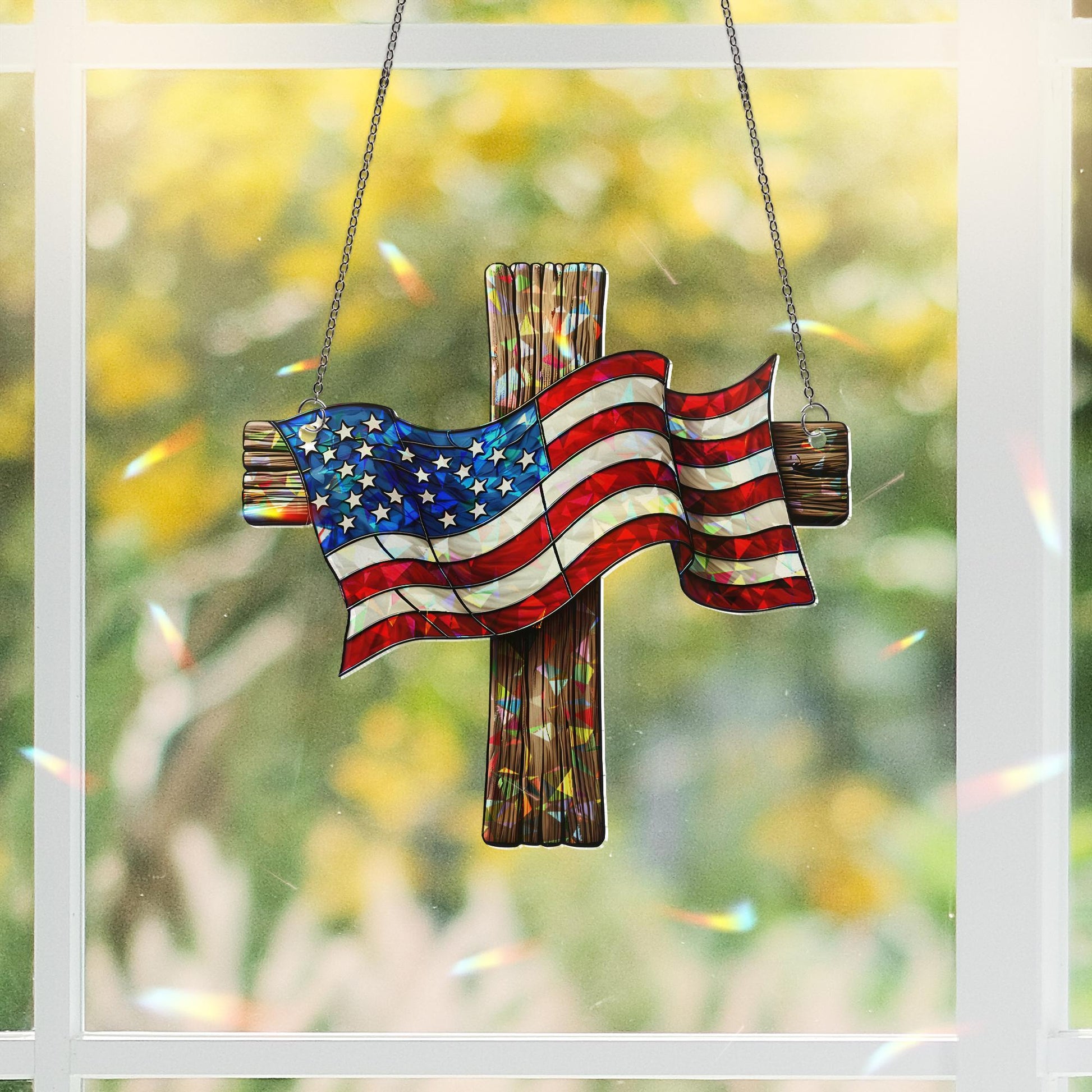 Patriotic Cross Acrylic Window Hanging – American Flag Suncatcher for 4th of July, Independence Day Christian Home Decor