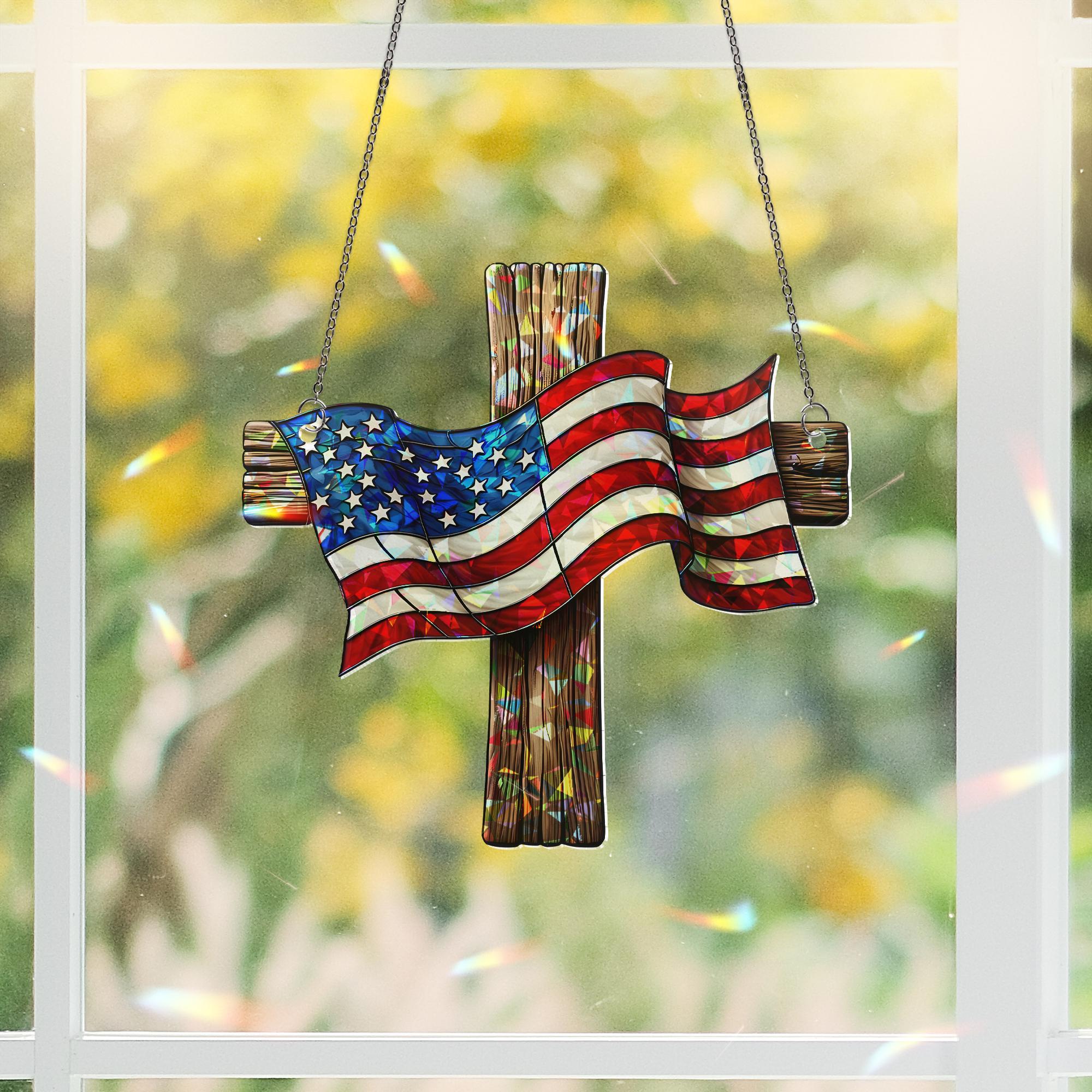 Patriotic Cross Acrylic Window Hanging – American Flag Suncatcher for 4th of July, Independence Day Christian Home Decor