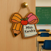 Custom Teacher Door Hanger, Pencil Bow Apple Classroom Sign with Name, Back to School Gift, Personalized Teacher Classroom Decor
