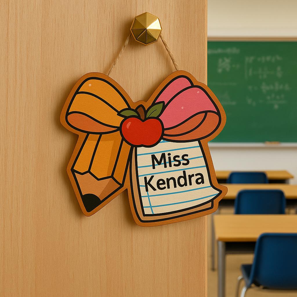 Custom Teacher Door Hanger, Pencil Bow Apple Classroom Sign with Name, Back to School Gift, Personalized Teacher Classroom Decor