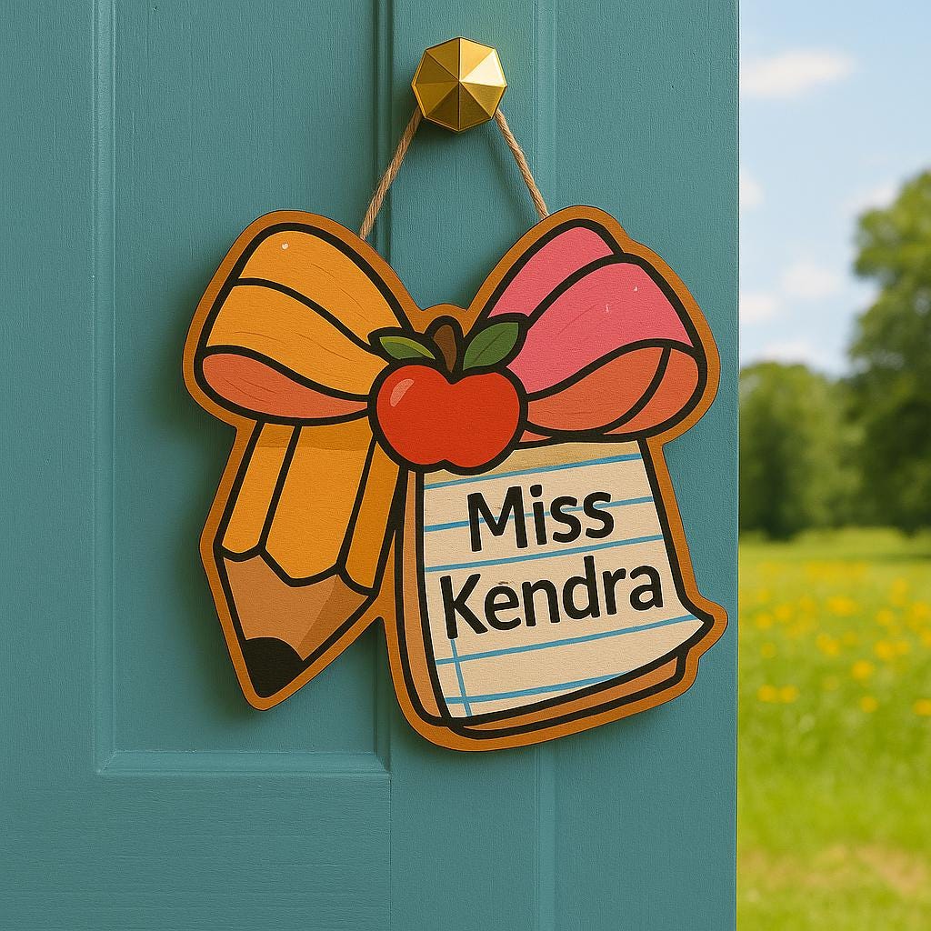 Custom Teacher Door Hanger, Pencil Bow Apple Classroom Sign with Name, Back to School Gift, Personalized Teacher Classroom Decor