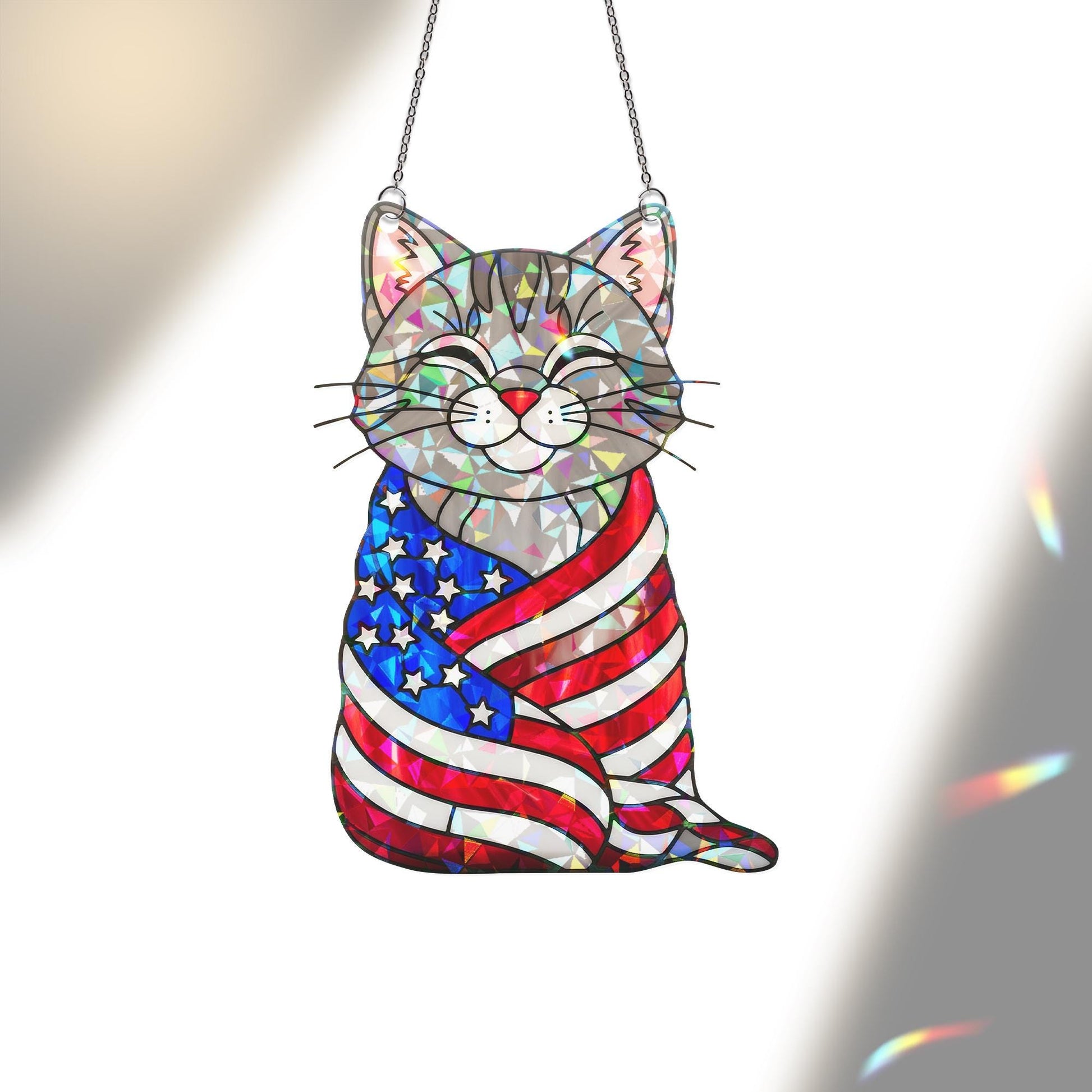 Patriotic Cat Acrylic Window Hanging – 4th of July Suncatcher with American Flag, Cute Independence Day Decor for Cat Lovers
