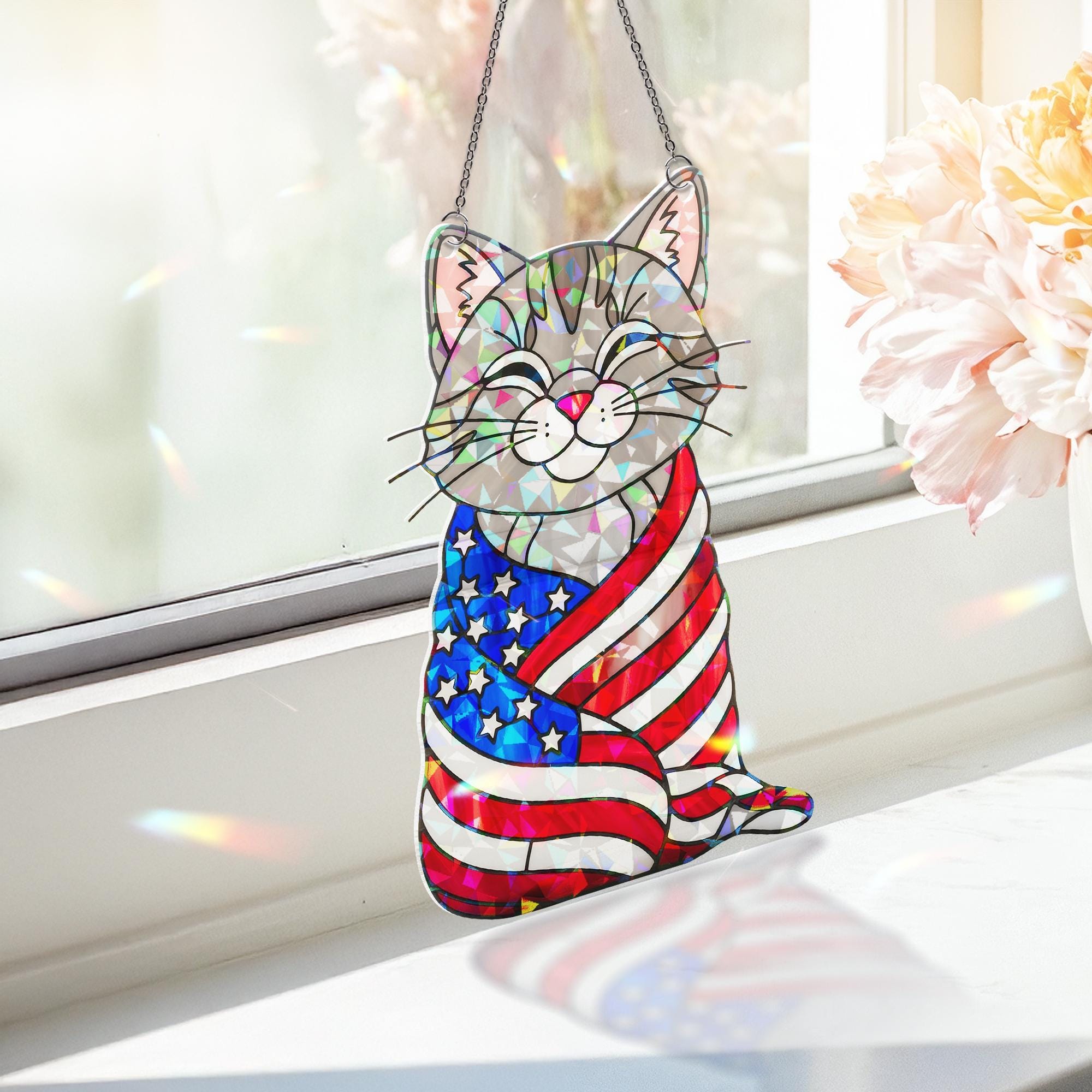 Patriotic Cat Acrylic Window Hanging – 4th of July Suncatcher with American Flag, Cute Independence Day Decor for Cat Lovers