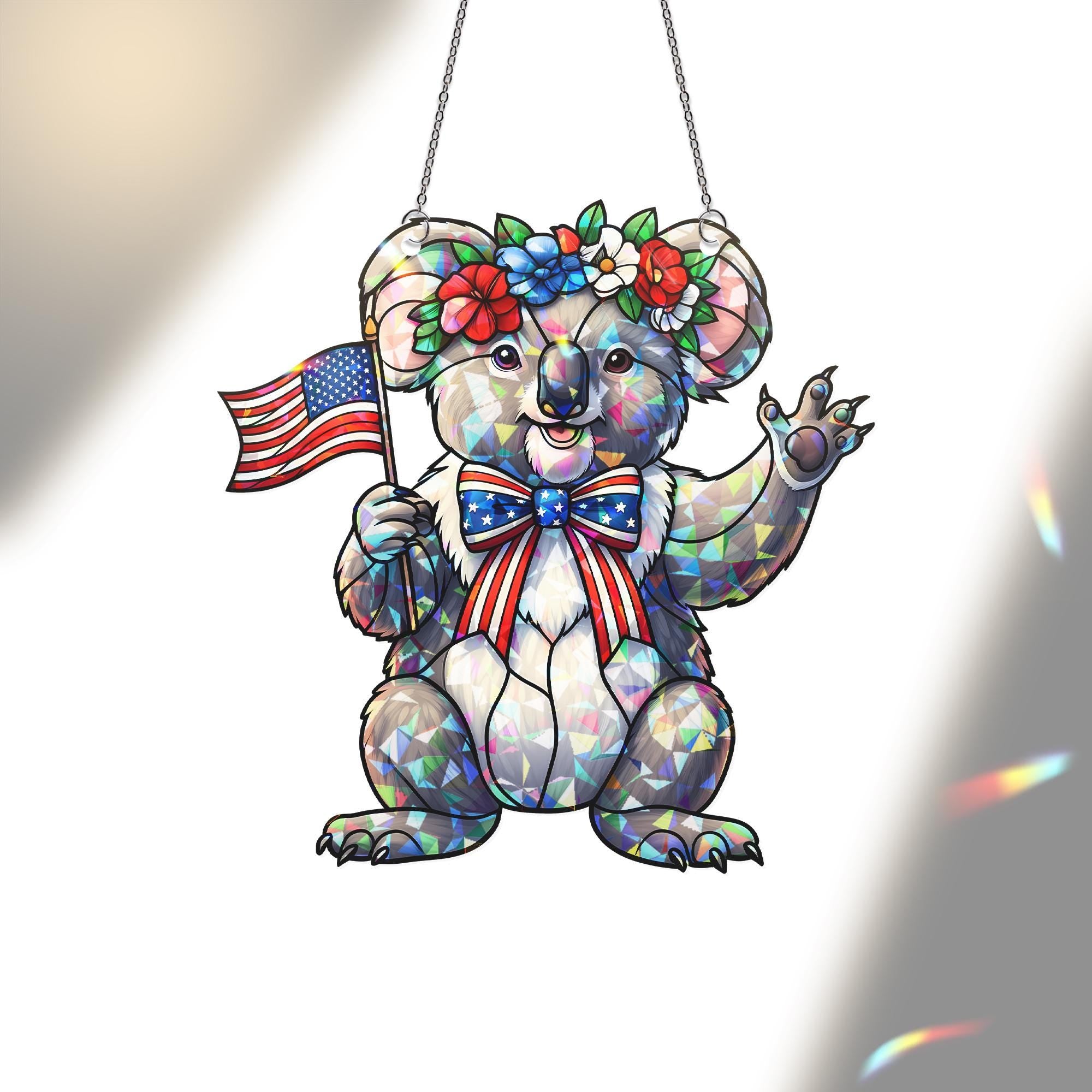 4th of July Koala Acrylic Window Hanging – Patriotic Suncatcher with Flag and Flowers, Cute Independence Day Window Decor