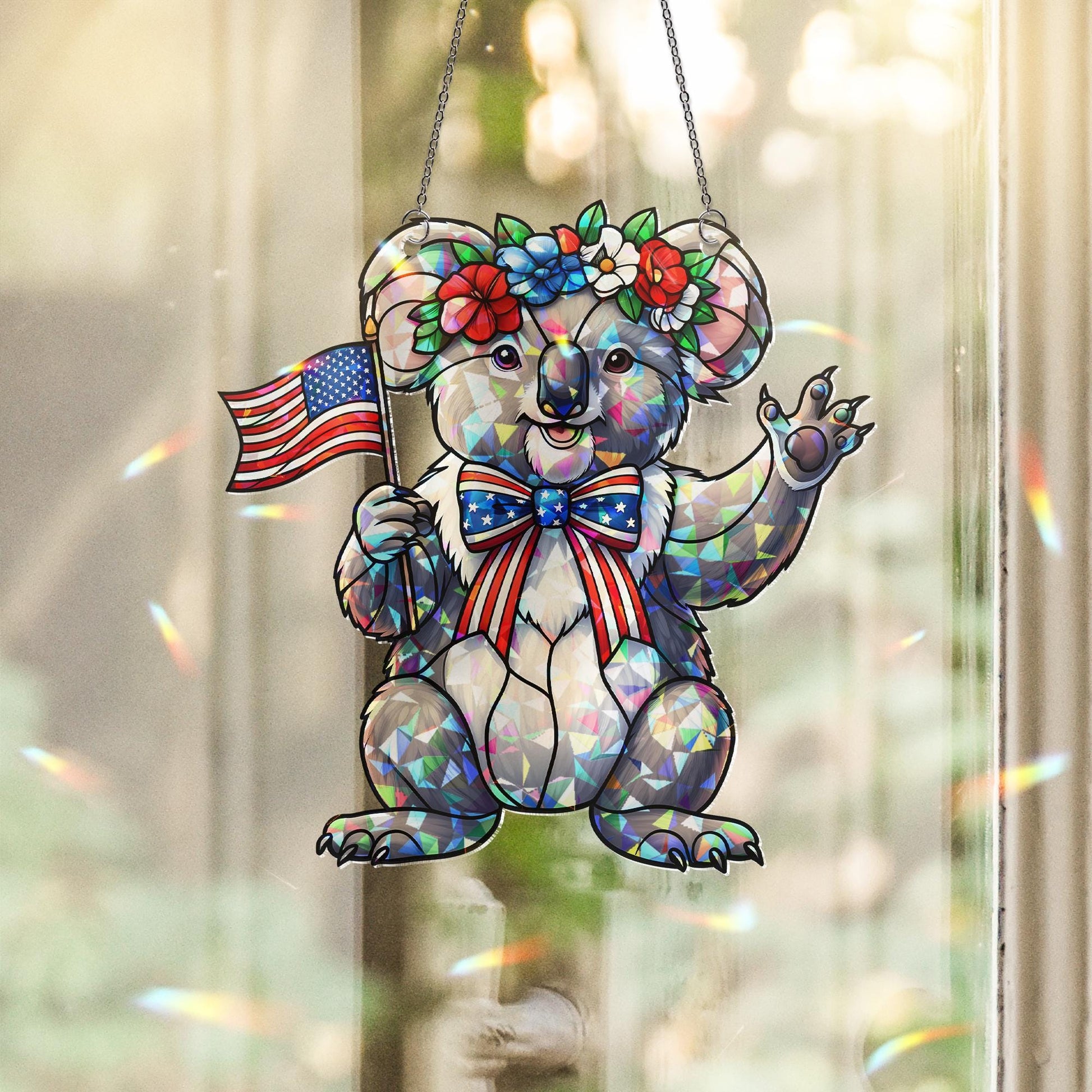4th of July Koala Acrylic Window Hanging – Patriotic Suncatcher with Flag and Flowers, Cute Independence Day Window Decor