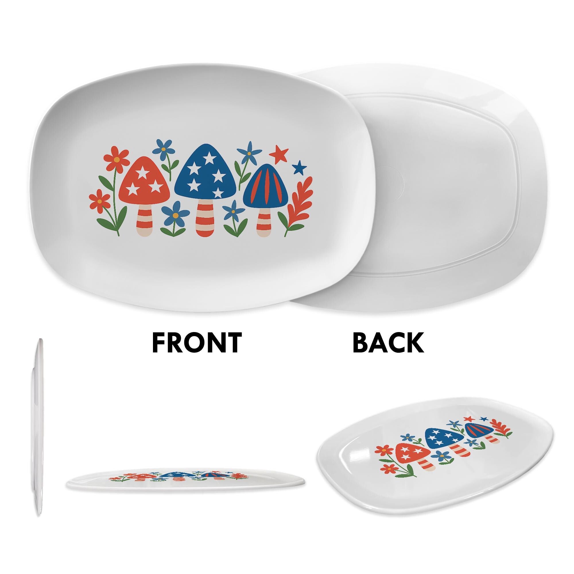 Patriotic Mushroom Platter – 4th of July Stars and Stripes Serving Tray, Red White Blue Summer BBQ Tableware, Independence Day Decor
