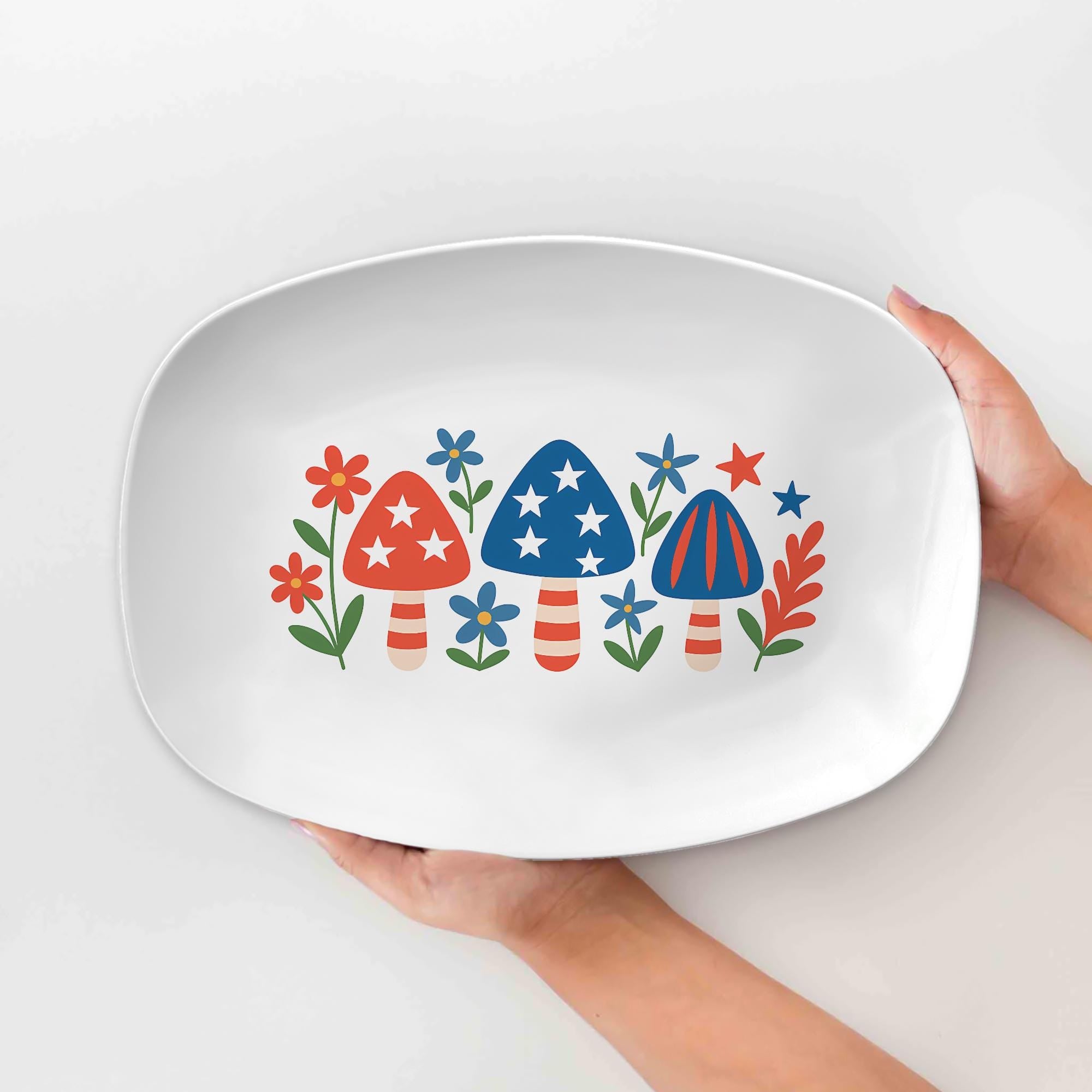 Patriotic Mushroom Platter – 4th of July Stars and Stripes Serving Tray, Red White Blue Summer BBQ Tableware, Independence Day Decor