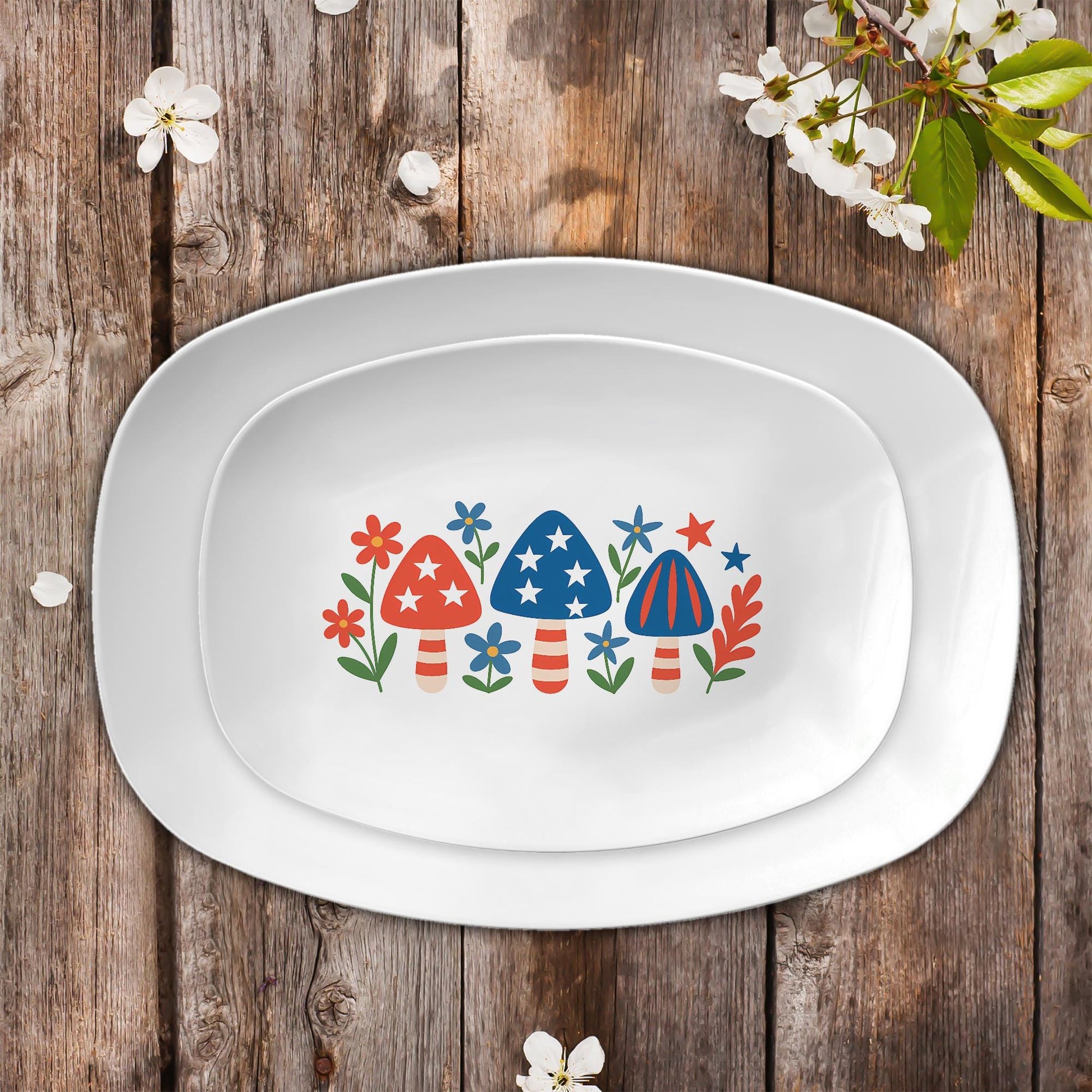 Patriotic Mushroom Platter – 4th of July Stars and Stripes Serving Tray, Red White Blue Summer BBQ Tableware, Independence Day Decor
