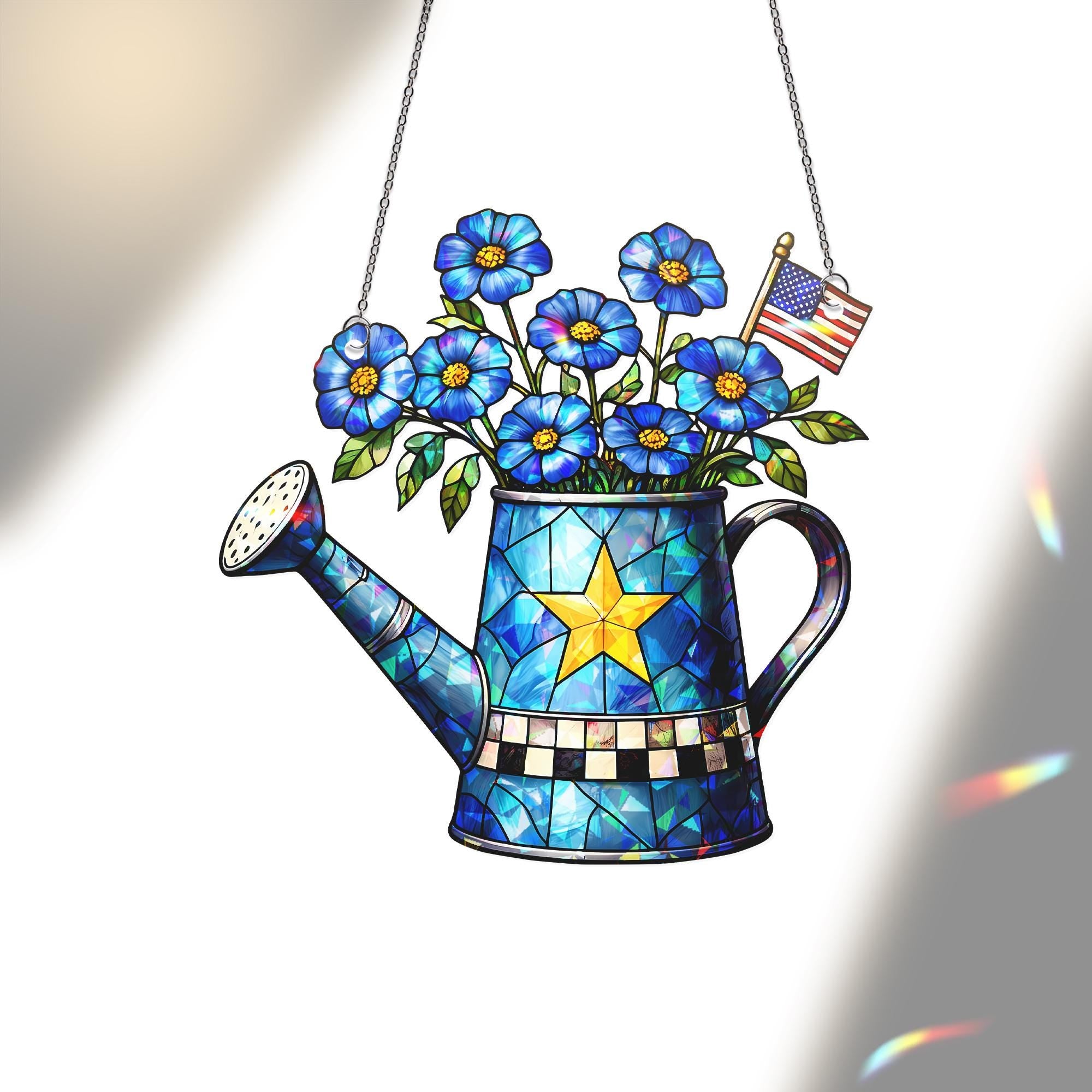 4th of July Acrylic Suncatcher – Watering Can with Blue Flowers & American Flag, Patriotic Window Hanging, Summer Home Decor
