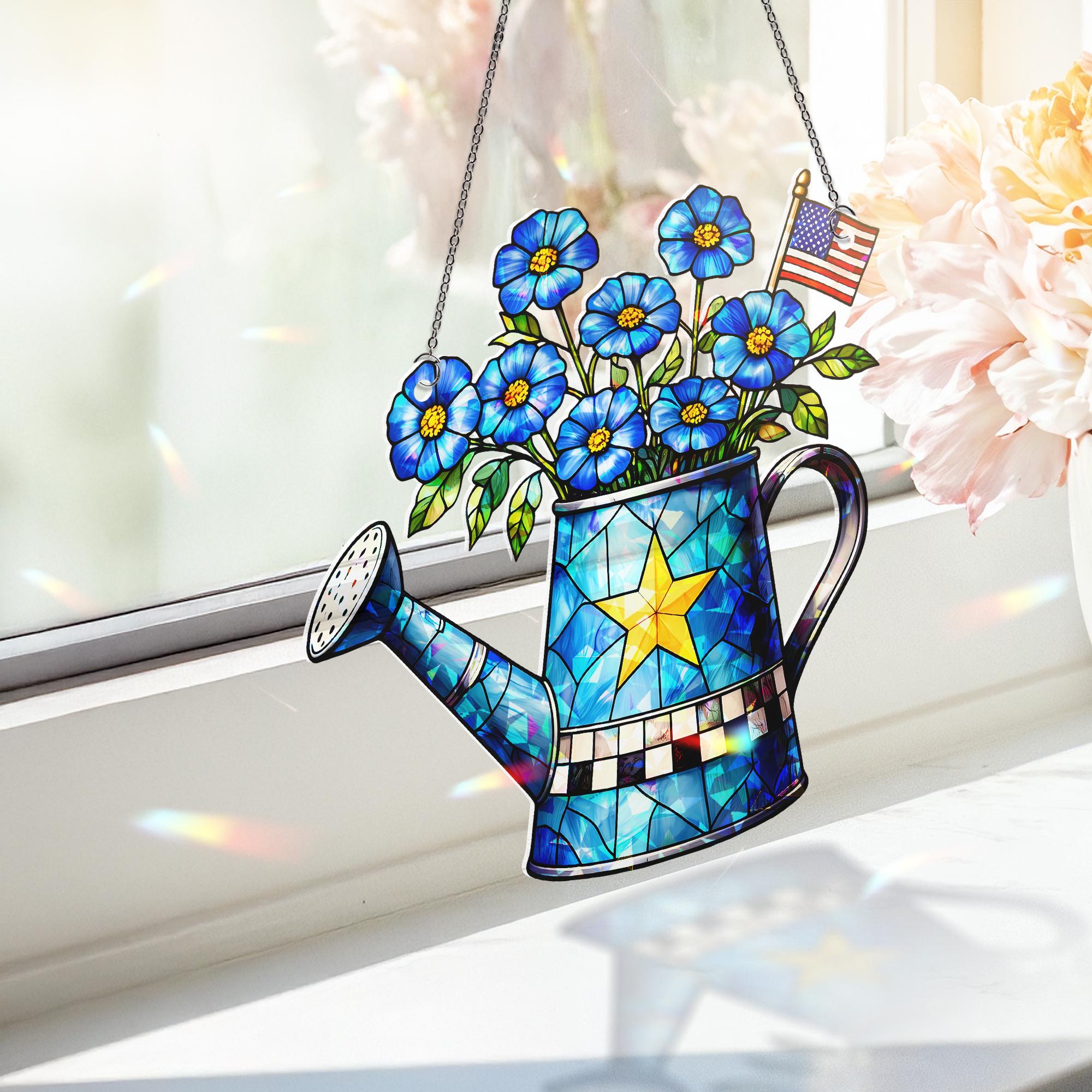 4th of July Acrylic Suncatcher – Watering Can with Blue Flowers & American Flag, Patriotic Window Hanging, Summer Home Decor