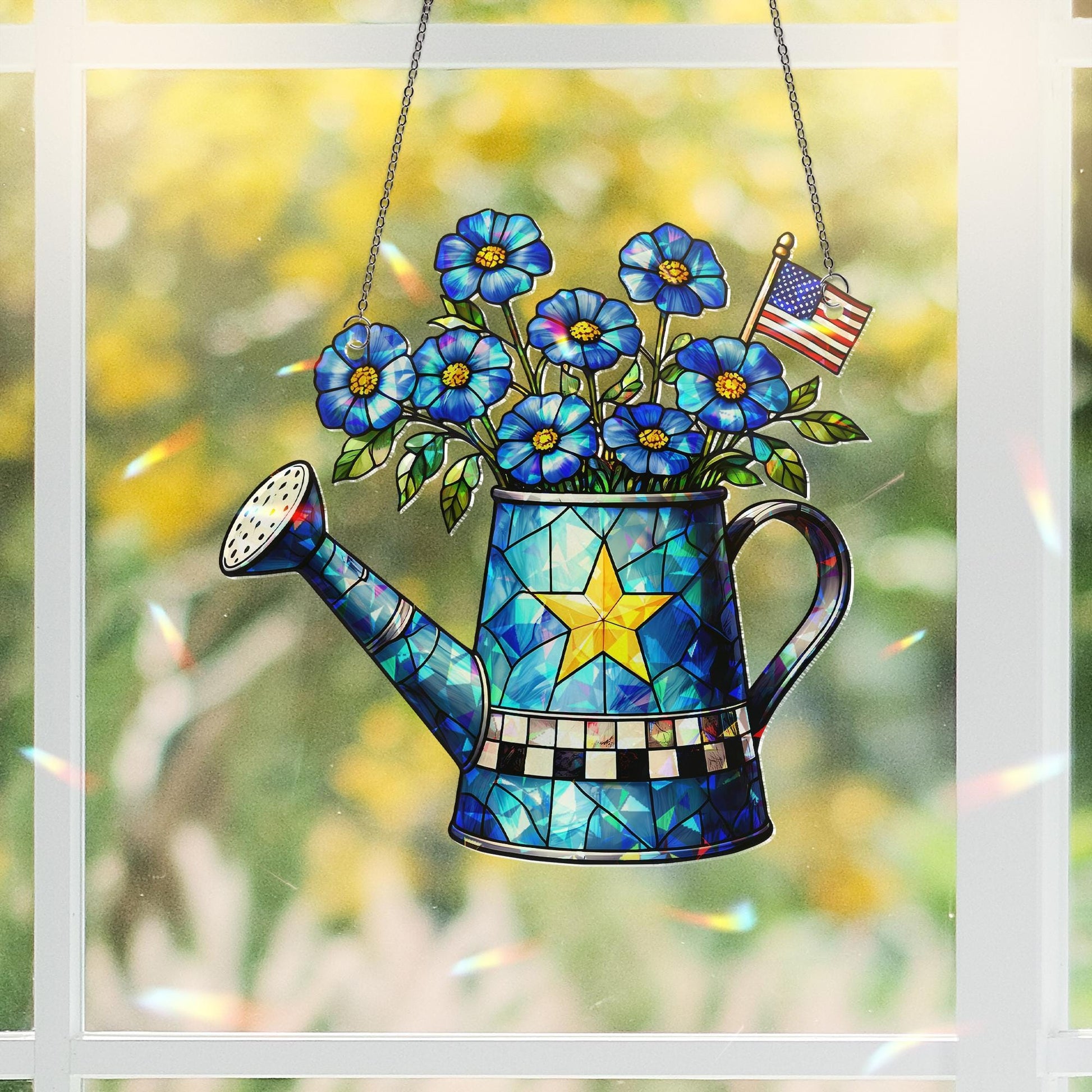 4th of July Acrylic Suncatcher – Watering Can with Blue Flowers & American Flag, Patriotic Window Hanging, Summer Home Decor