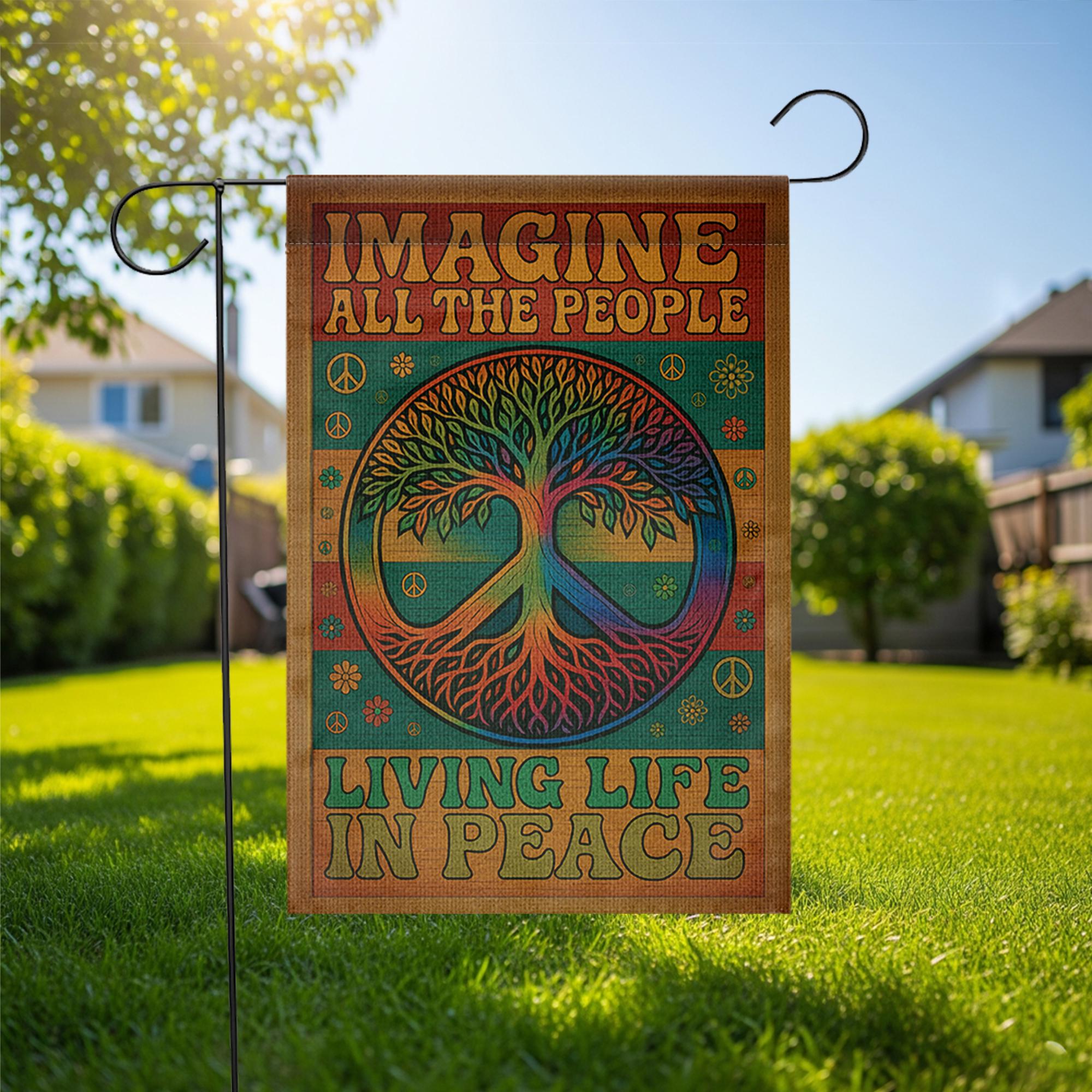 Hippie Garden Flag, Peace Tree Yard Decor, Imagine All the People Sign, Boho Outdoor Banner, Living Life in Peace Gift Idea