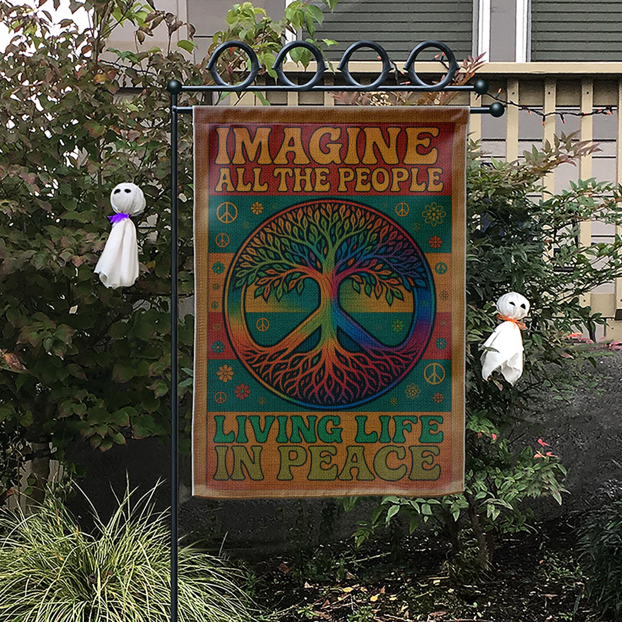 Hippie Garden Flag, Peace Tree Yard Decor, Imagine All the People Sign, Boho Outdoor Banner, Living Life in Peace Gift Idea