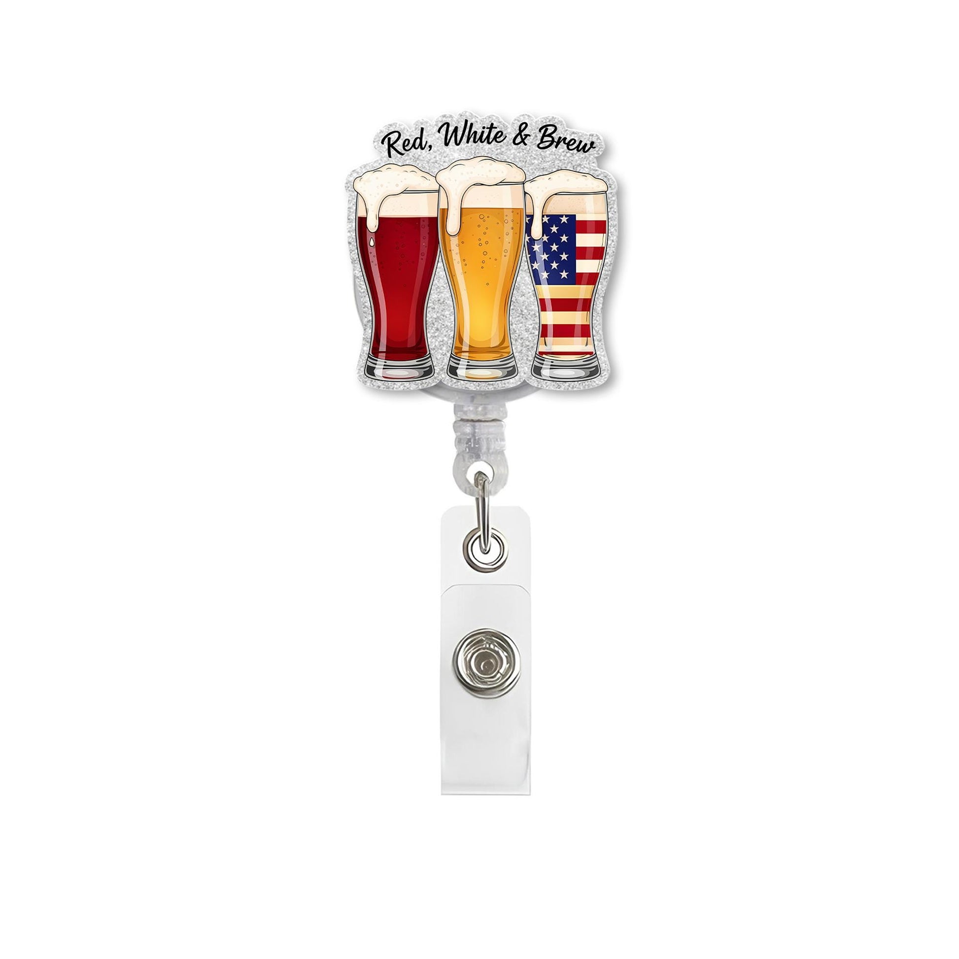 Red White and Brew Badge Reel – Patriotic Beer Nurse ID Holder – USA 4th of July Retractable Badge Clip – Funny RN Gift – Independence Day