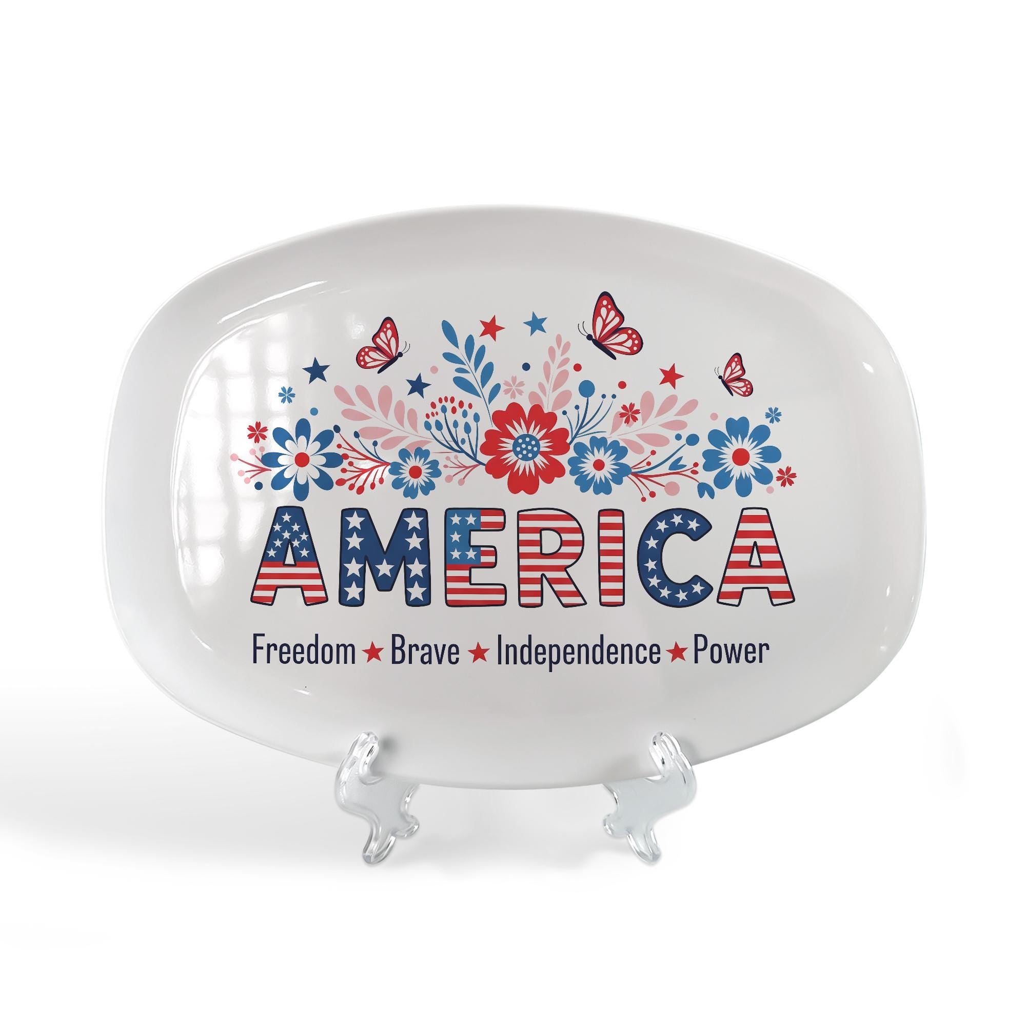 America Patriotic Platter – 4th of July Red White Blue Floral Tray – Independence Day Decor – Summer BBQ Hostess Gift – Freedom Tableware