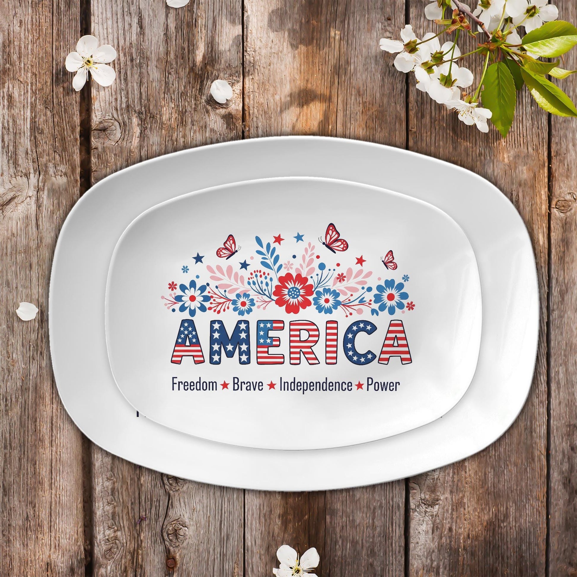 America Patriotic Platter – 4th of July Red White Blue Floral Tray – Independence Day Decor – Summer BBQ Hostess Gift – Freedom Tableware