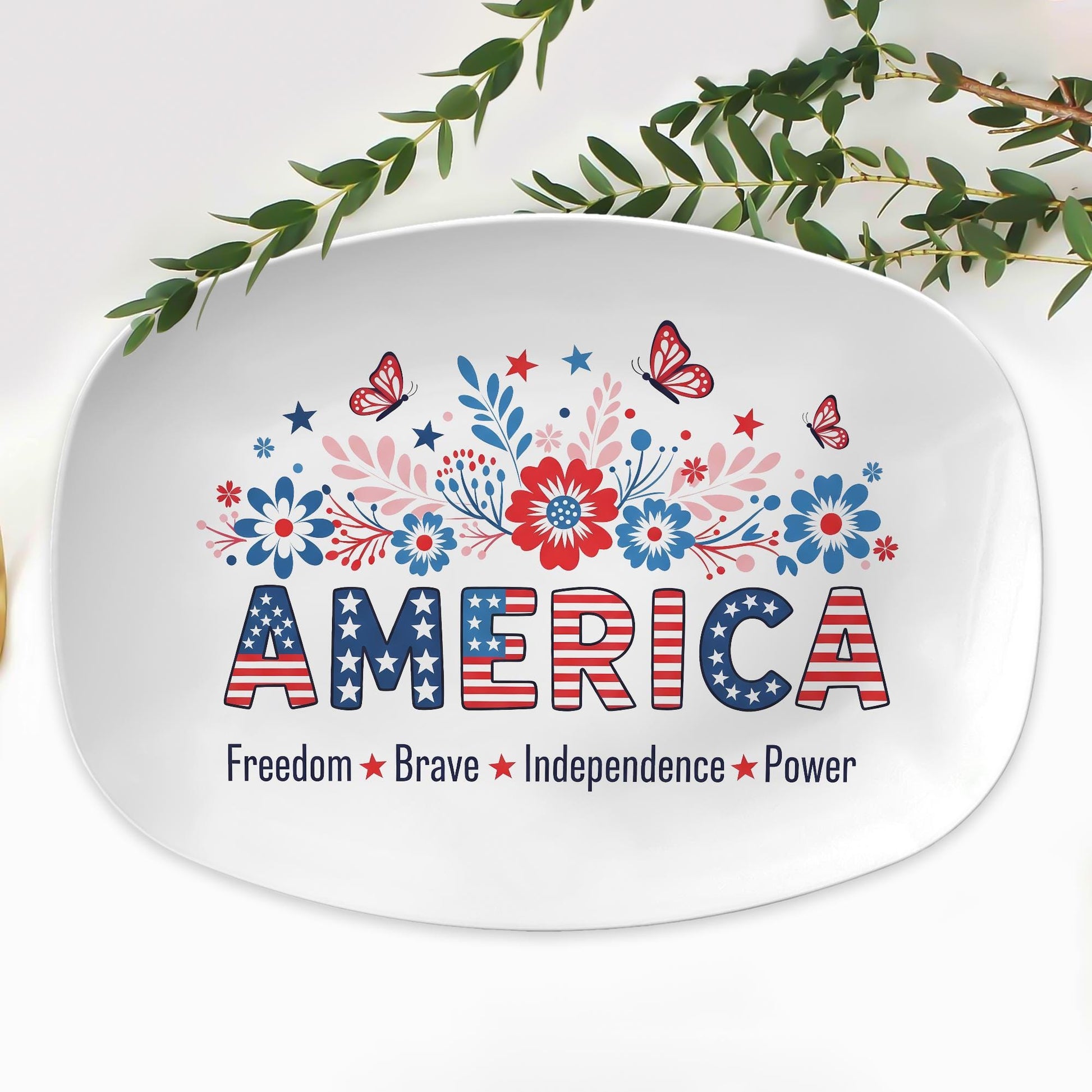America Patriotic Platter – 4th of July Red White Blue Floral Tray – Independence Day Decor – Summer BBQ Hostess Gift – Freedom Tableware