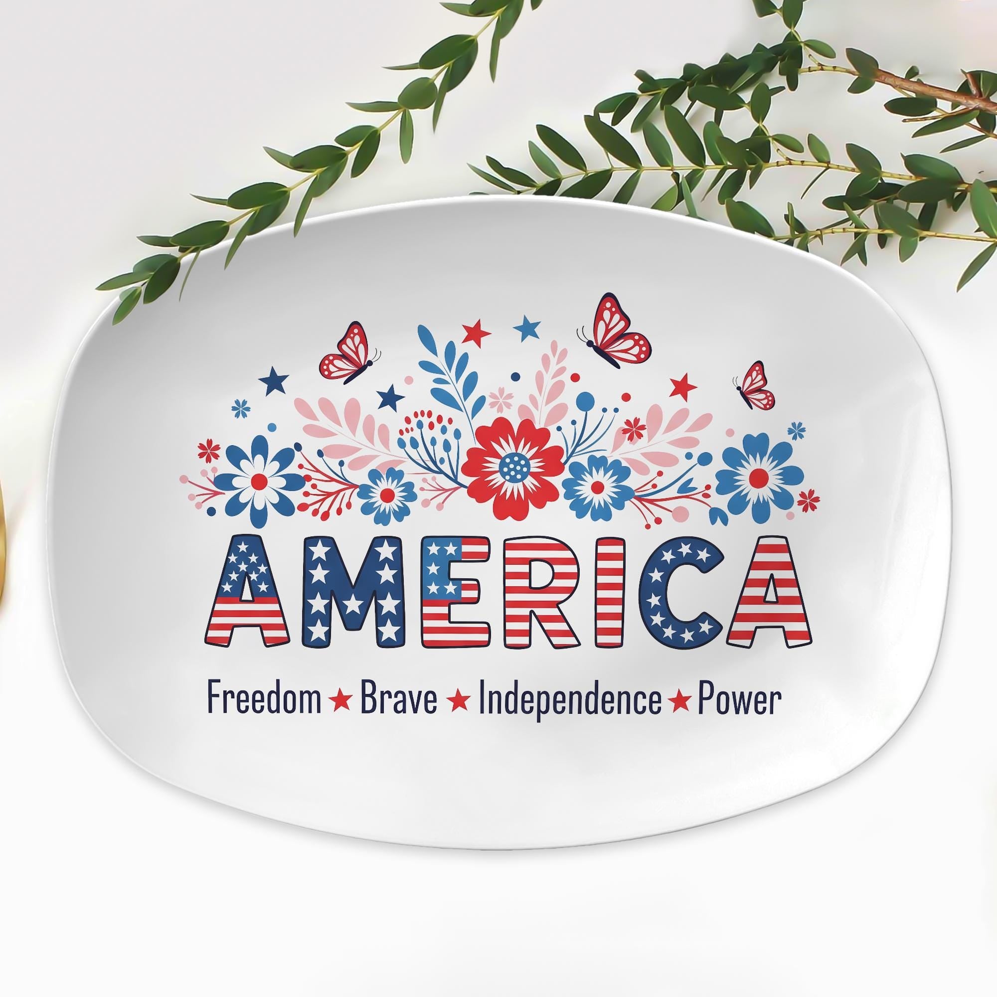America Patriotic Platter – 4th of July Red White Blue Floral Tray – Independence Day Decor – Summer BBQ Hostess Gift – Freedom Tableware