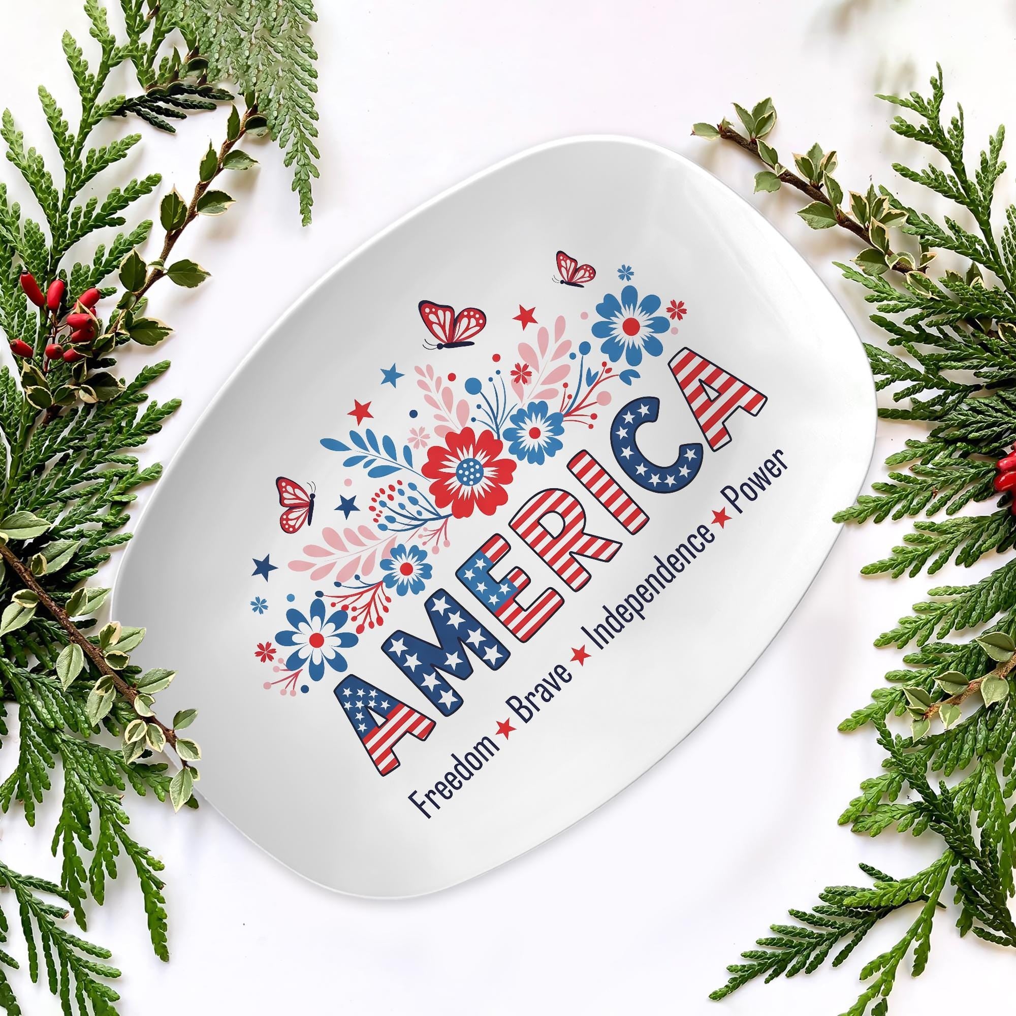 America Patriotic Platter – 4th of July Red White Blue Floral Tray – Independence Day Decor – Summer BBQ Hostess Gift – Freedom Tableware