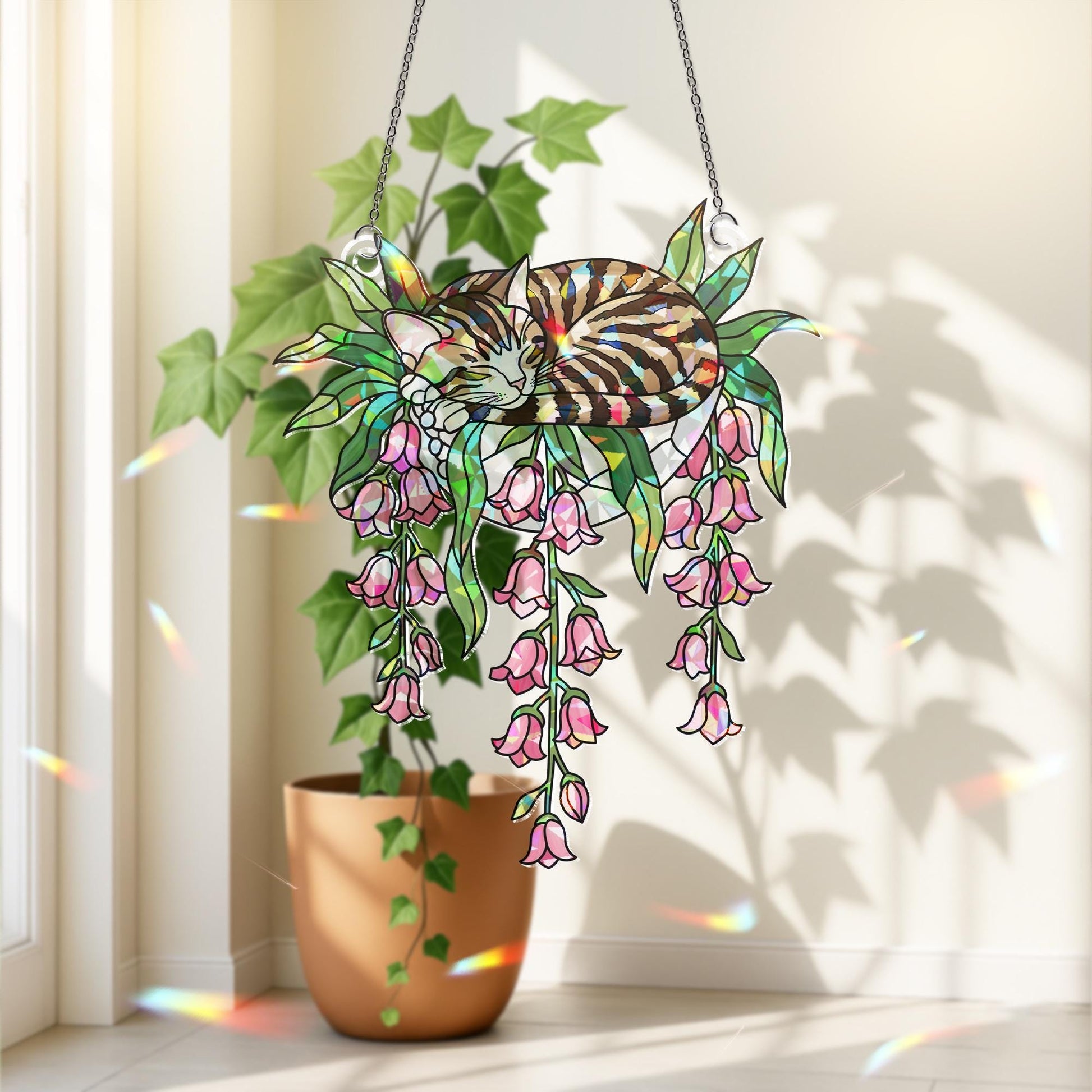 Tabby Cat with Pink Lily Flowers Hologram Ornament – Sleeping Tabby ACRYLIC Hanging Window Decor, Lily Floral Glass Art Gift, Cat Lover Gift