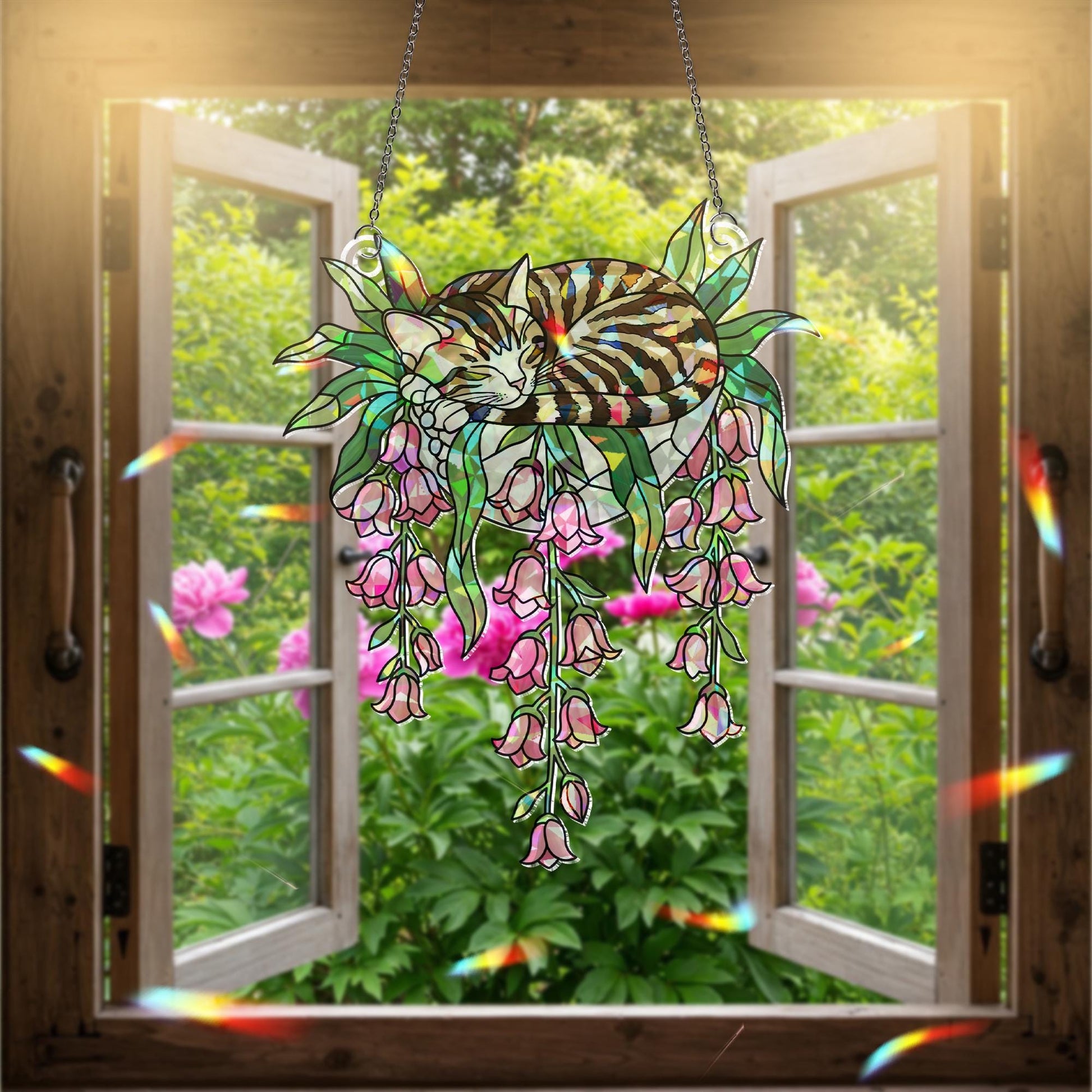 Tabby Cat with Pink Lily Flowers Hologram Ornament – Sleeping Tabby ACRYLIC Hanging Window Decor, Lily Floral Glass Art Gift, Cat Lover Gift