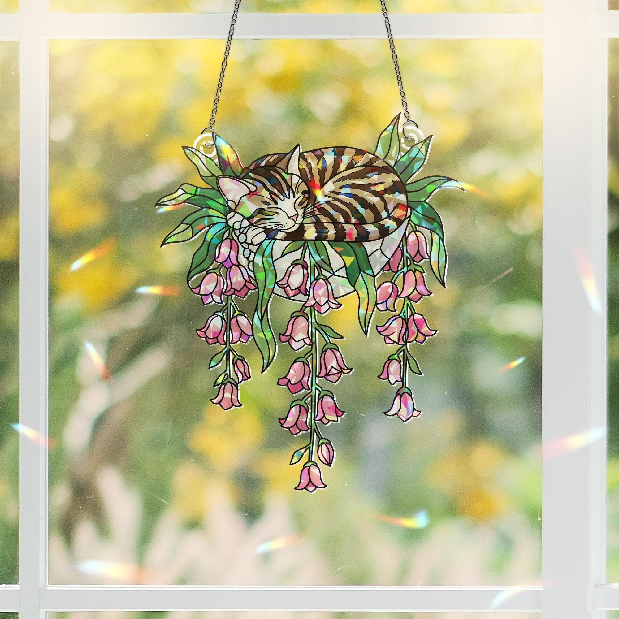Tabby Cat with Pink Lily Flowers Hologram Ornament – Sleeping Tabby ACRYLIC Hanging Window Decor, Lily Floral Glass Art Gift, Cat Lover Gift