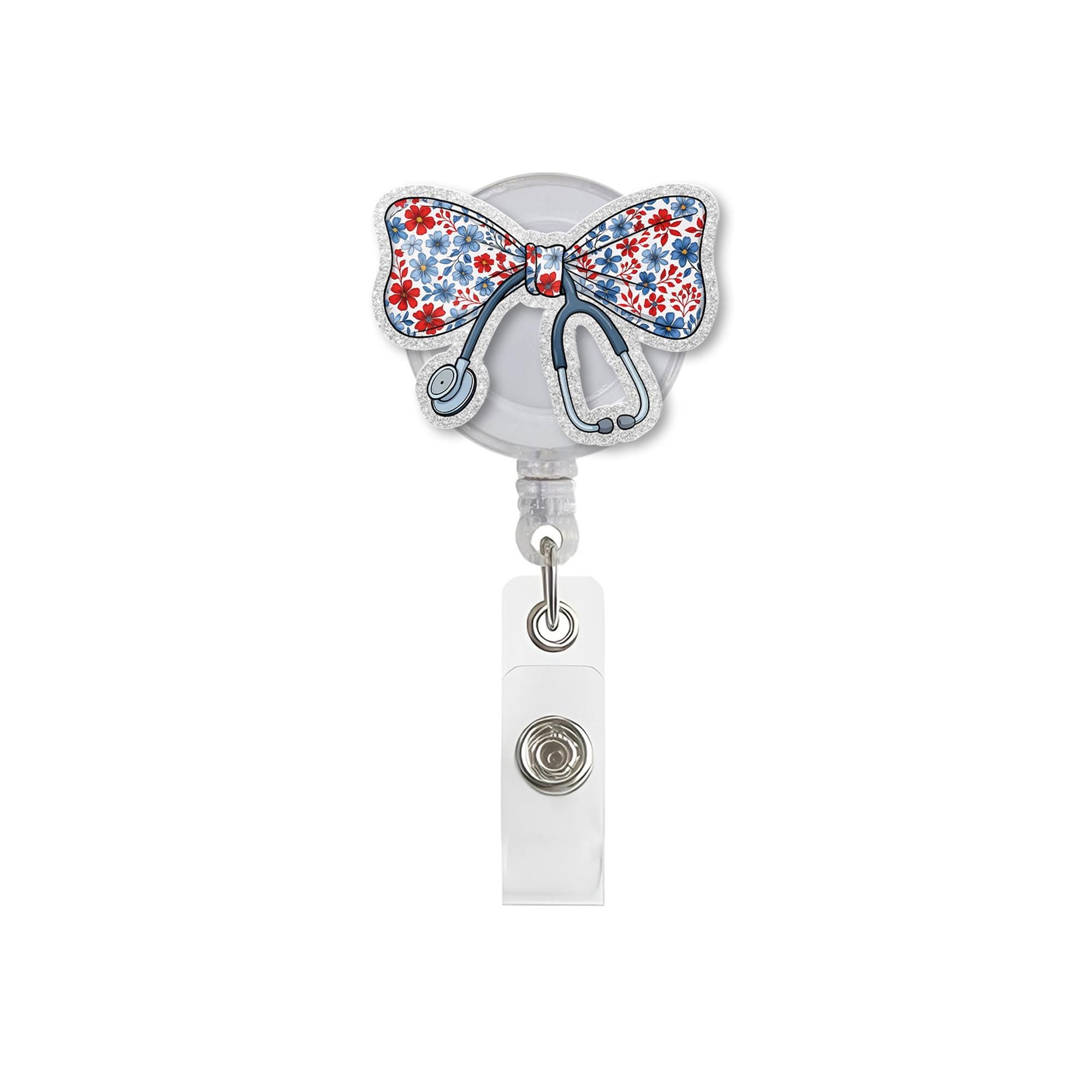 Patriotic Bow Badge Reel – Red White Blue Floral Stethoscope ID Clip – Nurse Gift for 4th of July – Cute Retractable RN Badge Holder