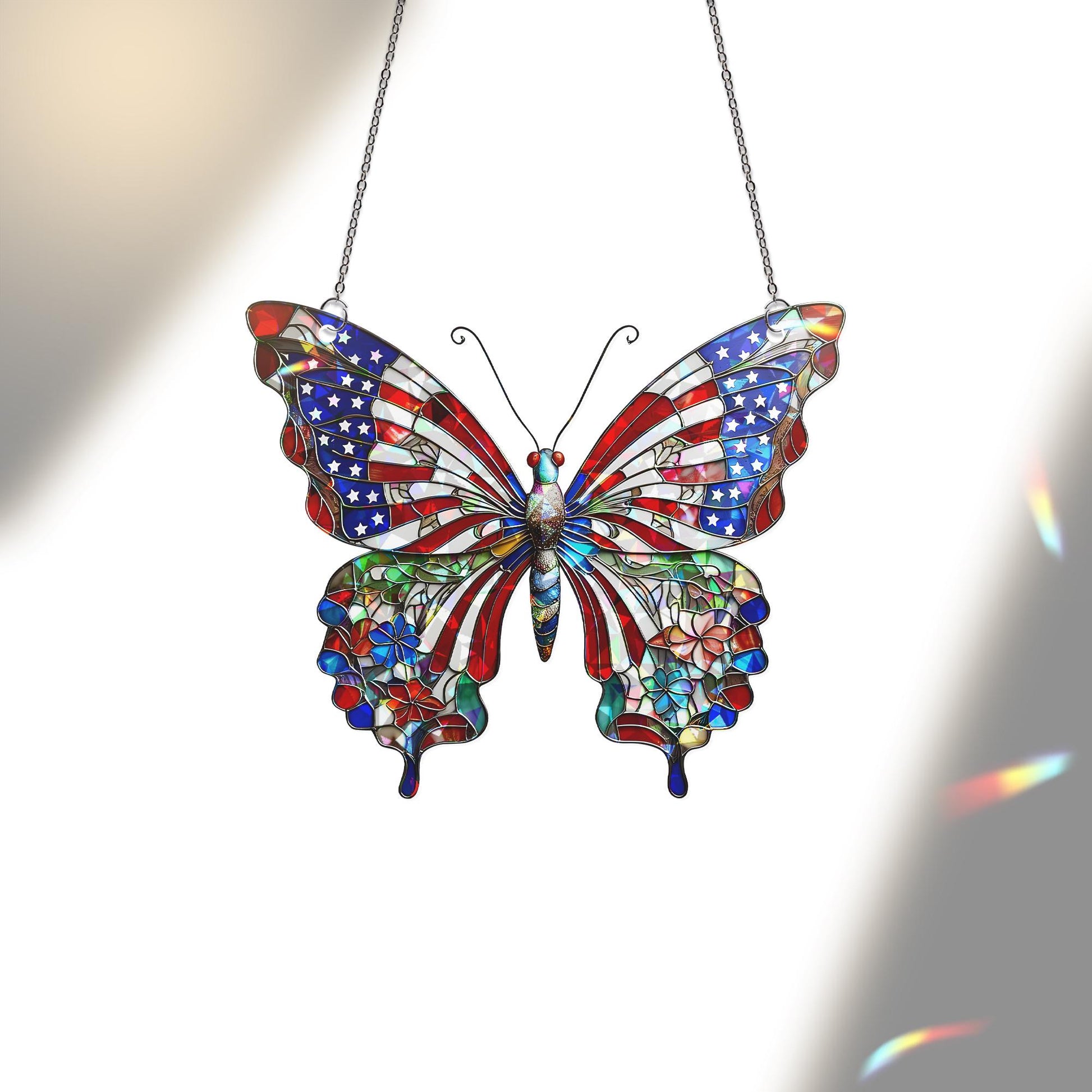 Patriotic Butterfly Window Hanging – 4th of July Hologram Acrylic Suncatcher – Red White Blue USA Decor – Summer Window Ornament
