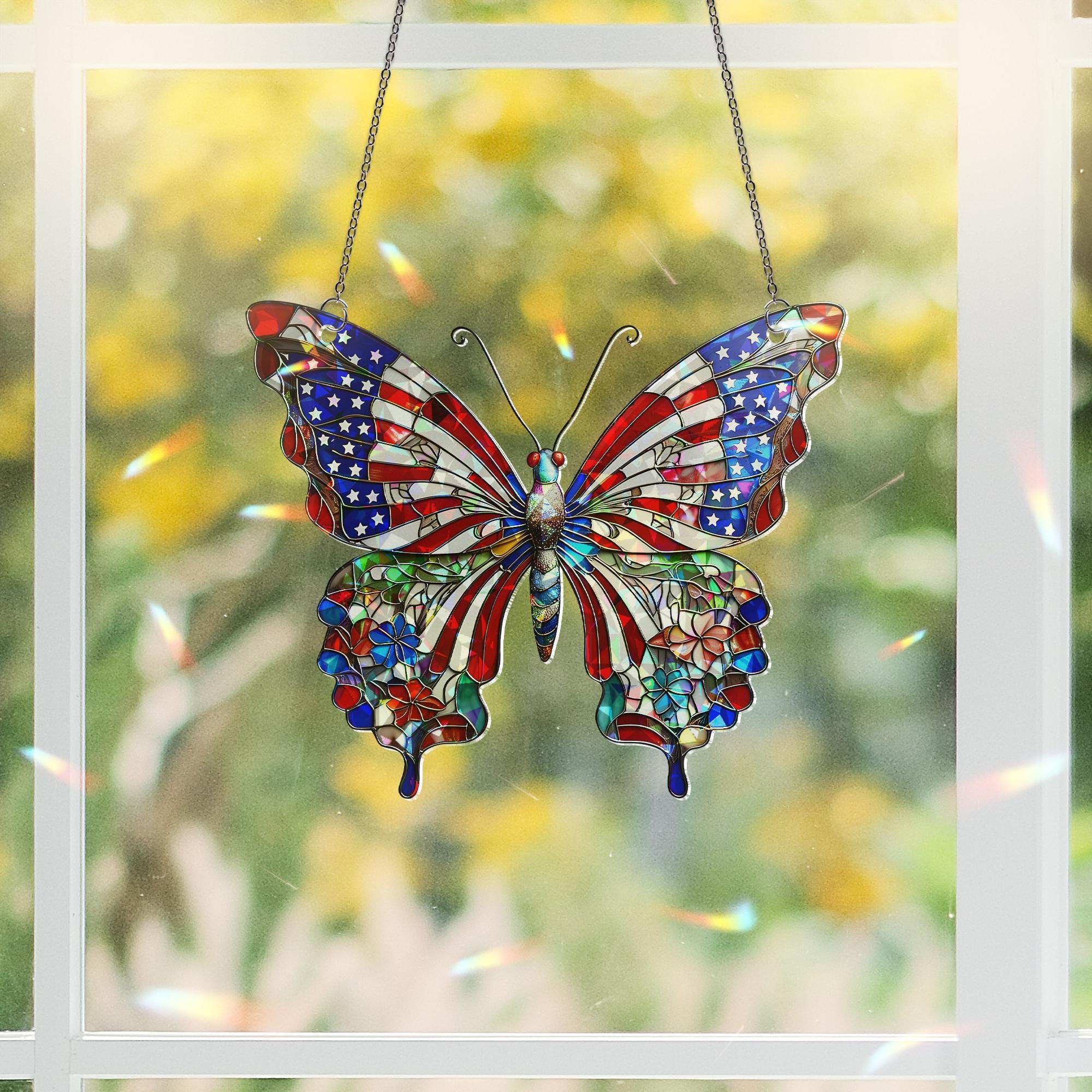 Patriotic Butterfly Window Hanging – 4th of July Hologram Acrylic Suncatcher – Red White Blue USA Decor – Summer Window Ornament