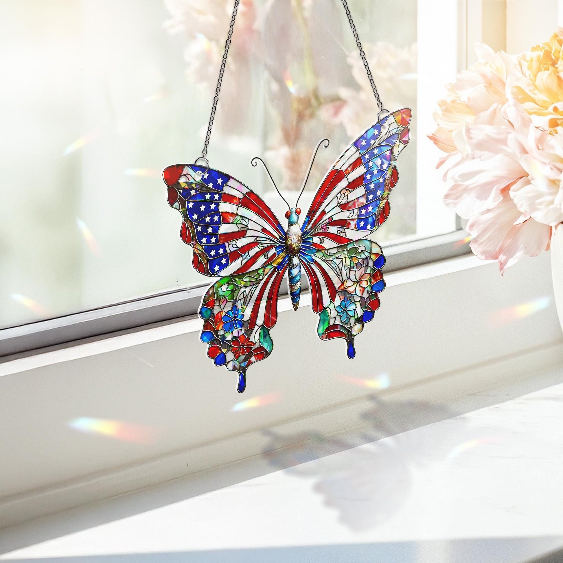 Patriotic Butterfly Window Hanging – 4th of July Hologram Acrylic Suncatcher – Red White Blue USA Decor – Summer Window Ornament