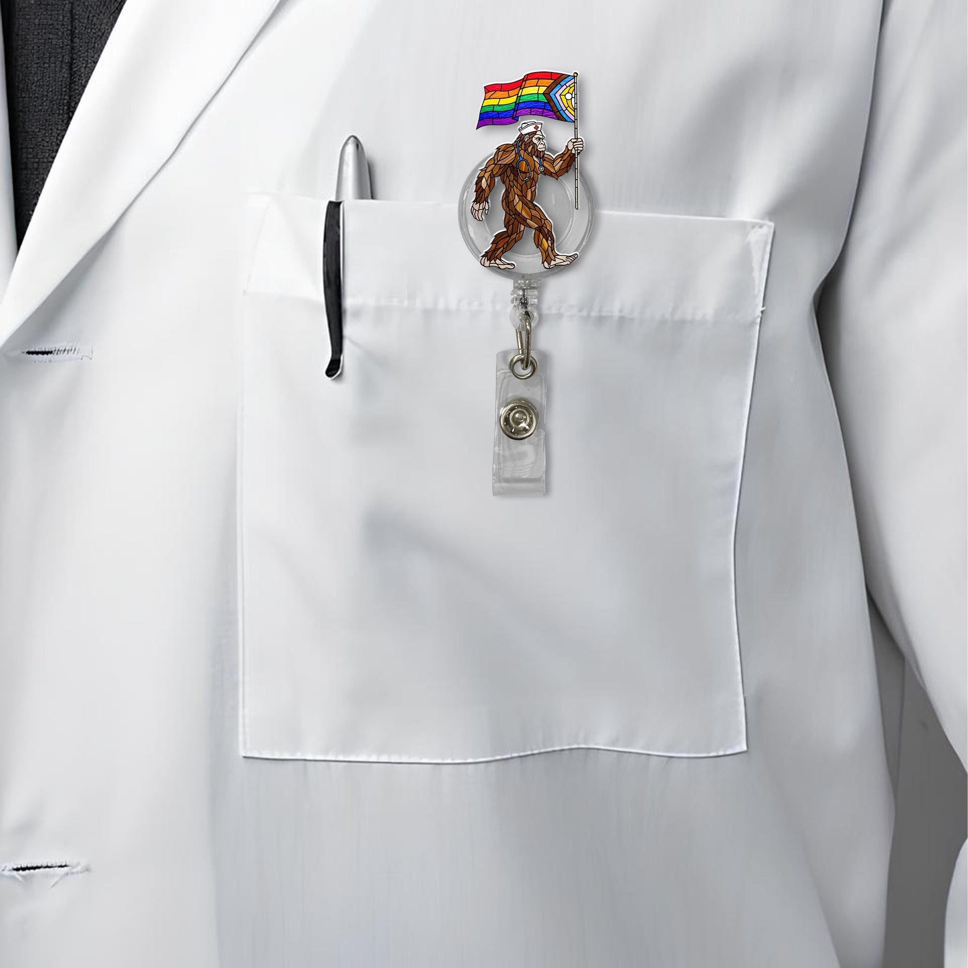Bigfoot Pride Badge Reel, LGBTQ Nurse ID Holder, Retractable Badge Reel, Rainbow Flag Bigfoot Clip, Healthcare Worker ,Bigfoot Nurse Clip