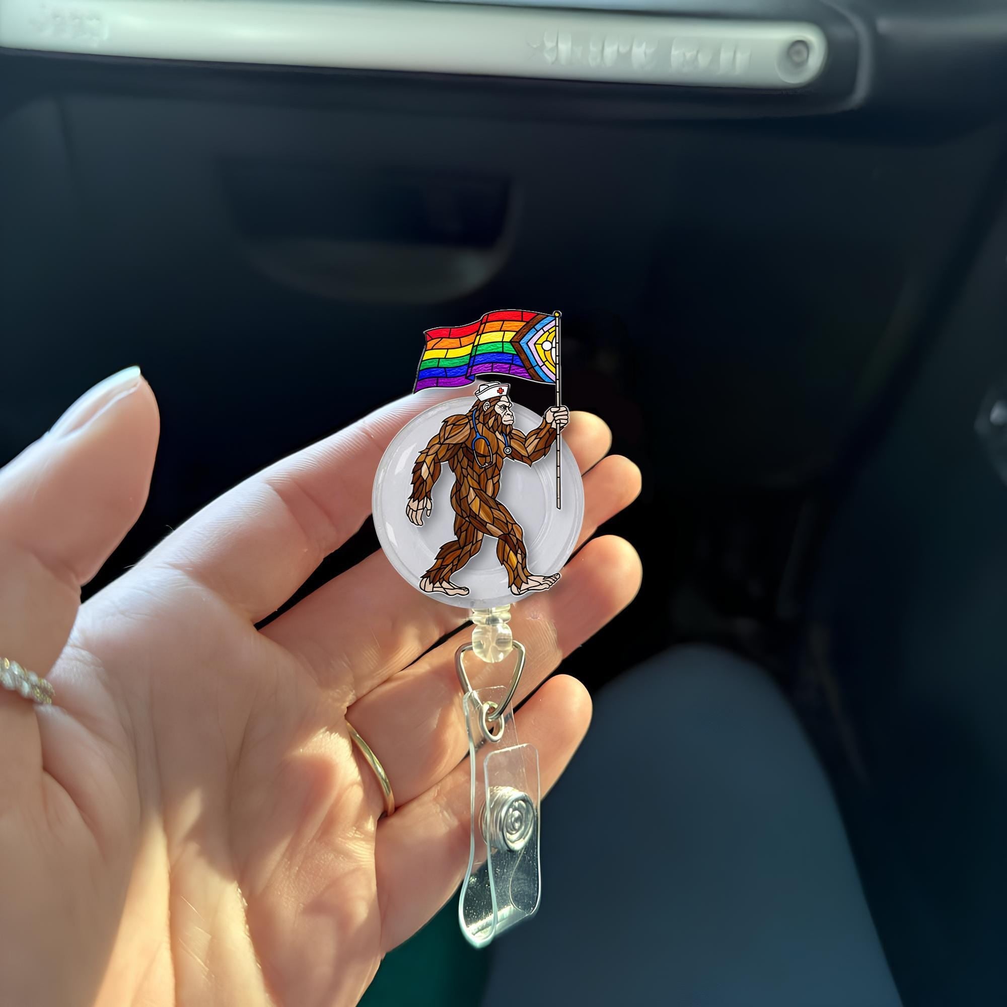Bigfoot Pride Badge Reel, LGBTQ Nurse ID Holder, Retractable Badge Reel, Rainbow Flag Bigfoot Clip, Healthcare Worker ,Bigfoot Nurse Clip