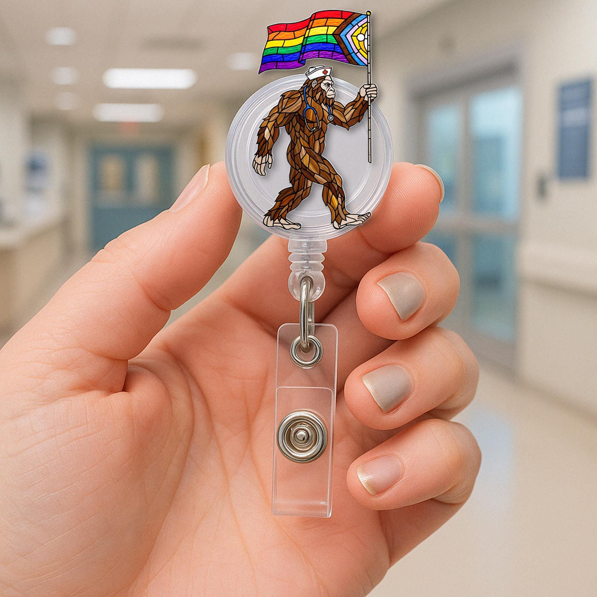 Bigfoot Pride Badge Reel, LGBTQ Nurse ID Holder, Retractable Badge Reel, Rainbow Flag Bigfoot Clip, Healthcare Worker ,Bigfoot Nurse Clip