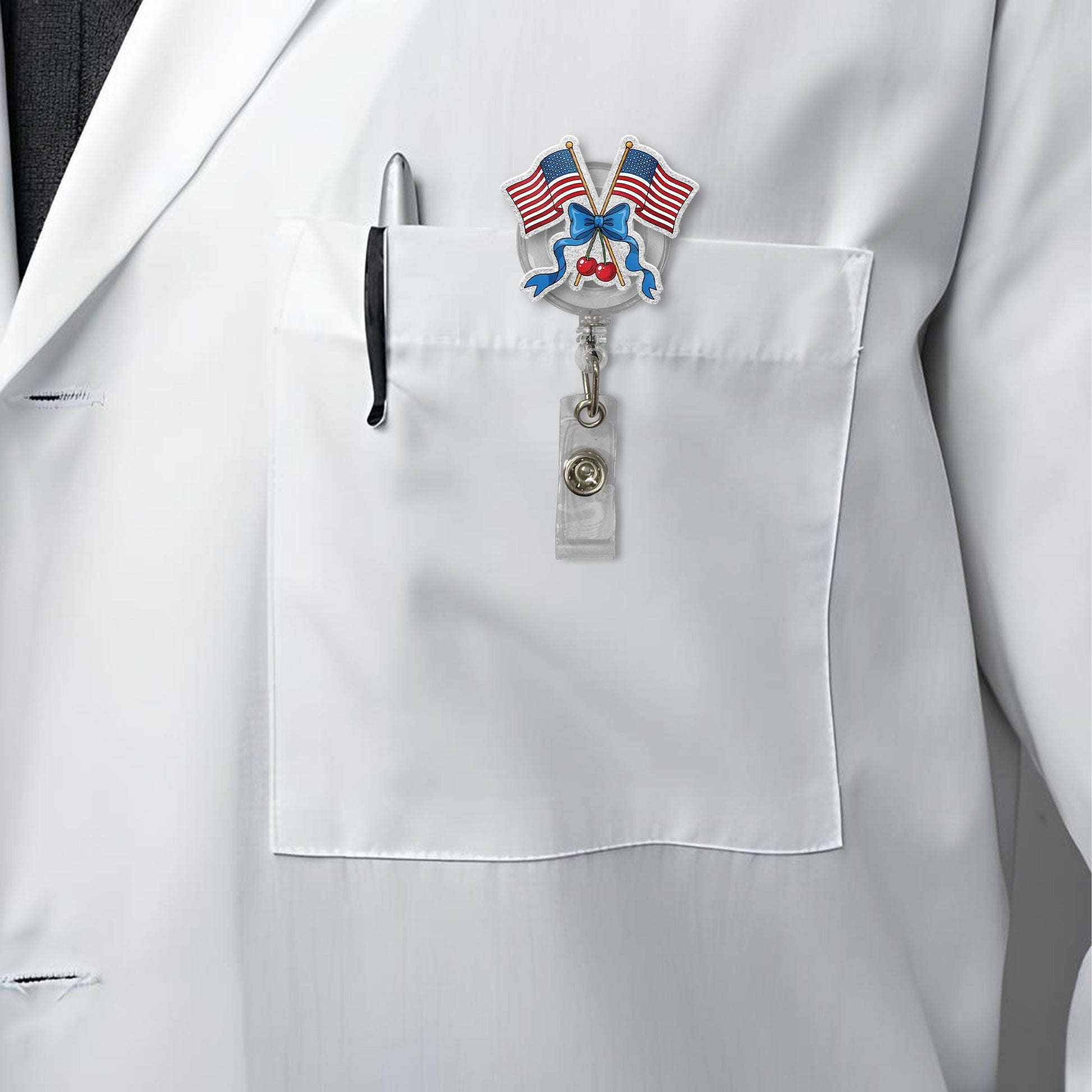 Patriotic Cherry Badge Reel – 4th of July American Flag Bow ID Clip – Cute Retractable Badge Holder for Nurse, Teacher, Office