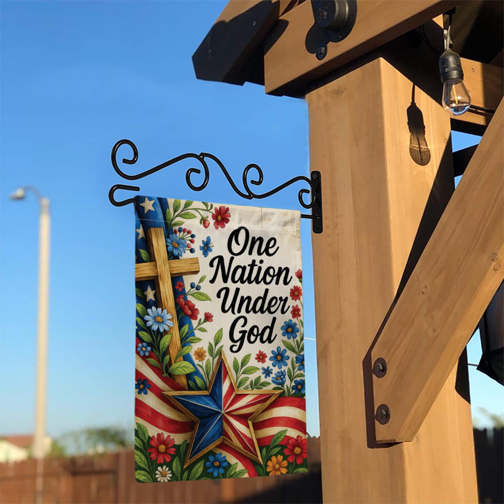 One Nation Under God Garden Flag – Christian Patriotic Outdoor Banner – Cross and Floral Yard Decor – 4th of July Faith Flag USA