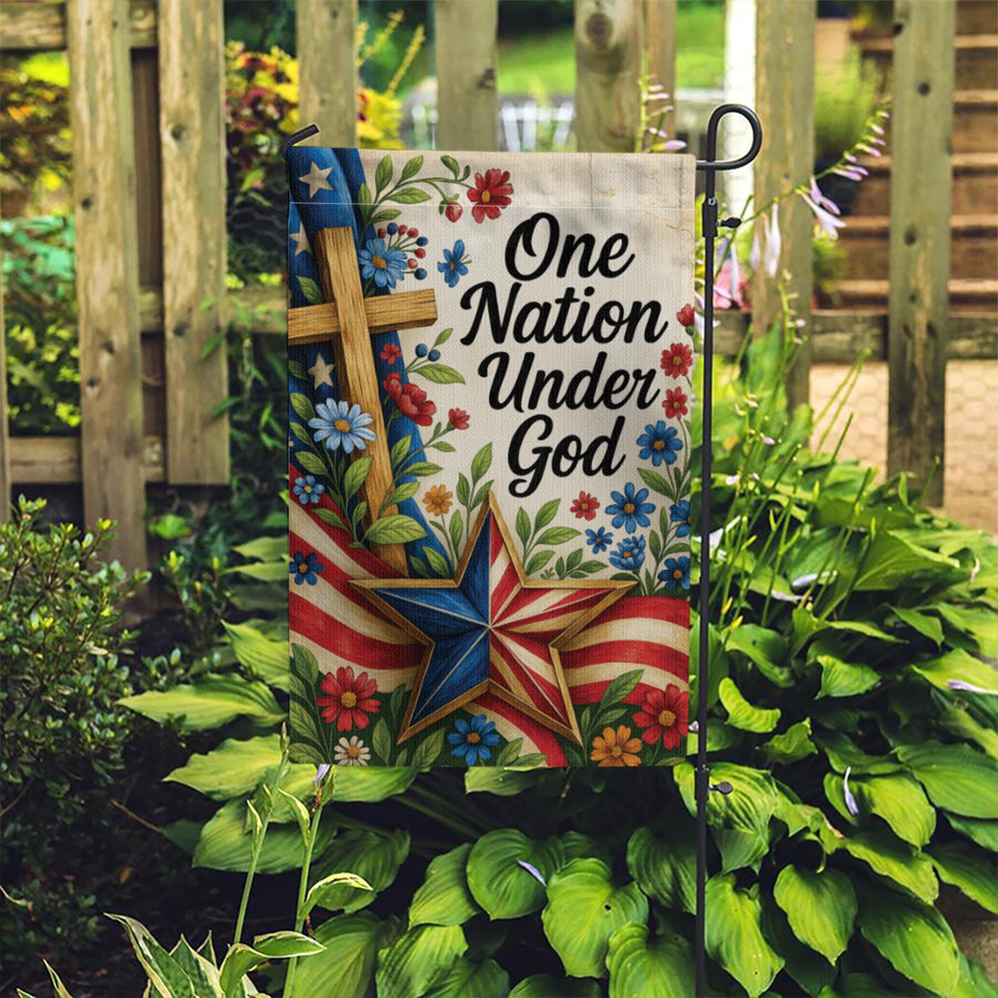 One Nation Under God Garden Flag – Christian Patriotic Outdoor Banner – Cross and Floral Yard Decor – 4th of July Faith Flag USA
