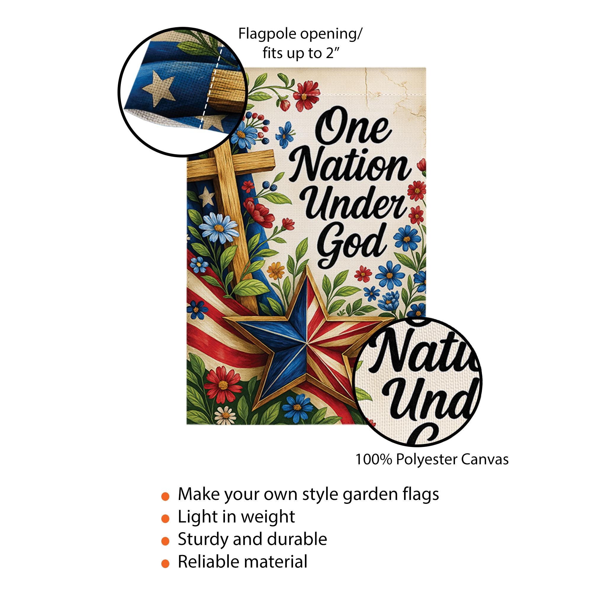 One Nation Under God Garden Flag – Christian Patriotic Outdoor Banner – Cross and Floral Yard Decor – 4th of July Faith Flag USA
