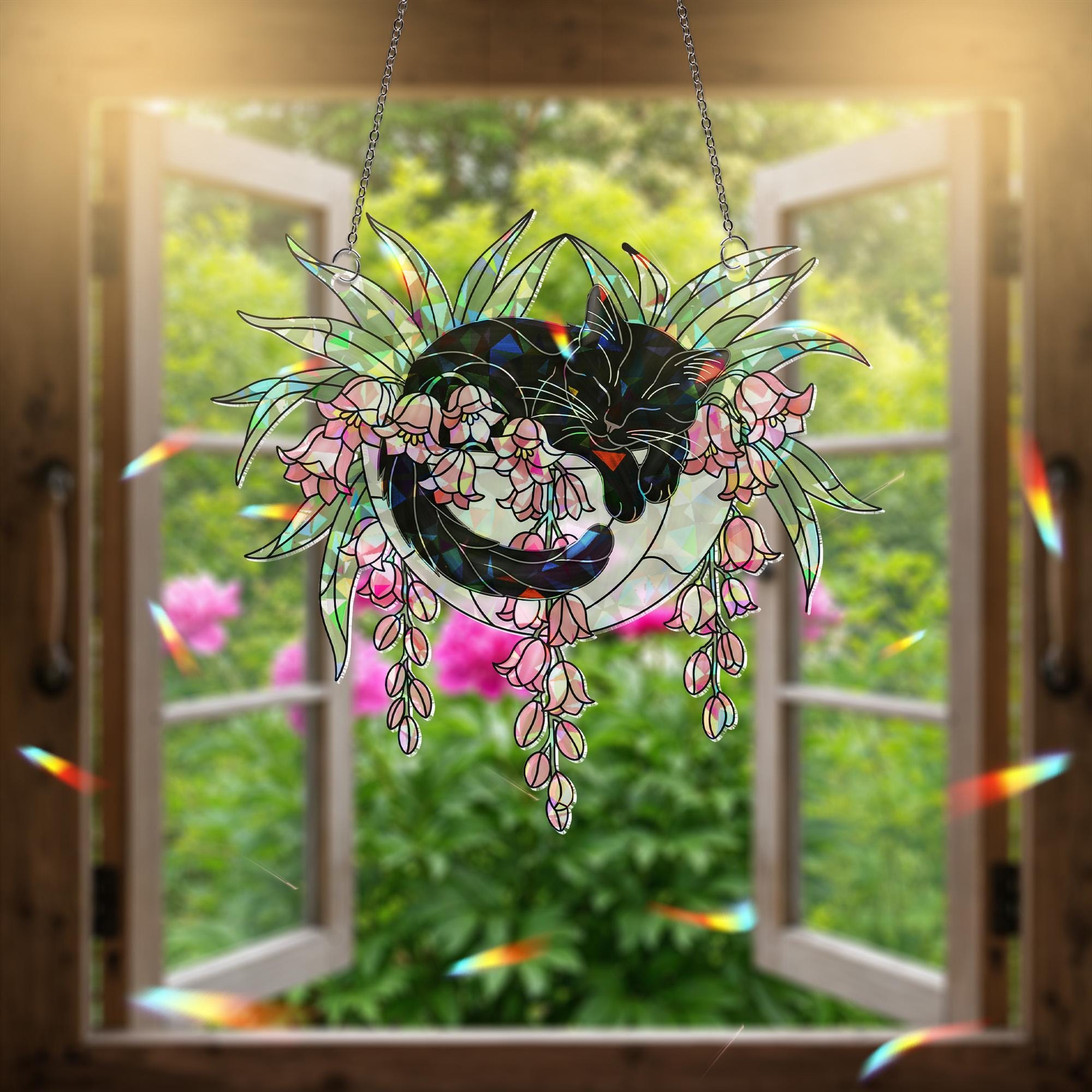 Black Cat with Pink Lily Flowers Hologram Ornament – Sleeping Black Cat ACRYLIC Hanging Window Decor, Lily Floral Art Gift, Cat Lover Gift