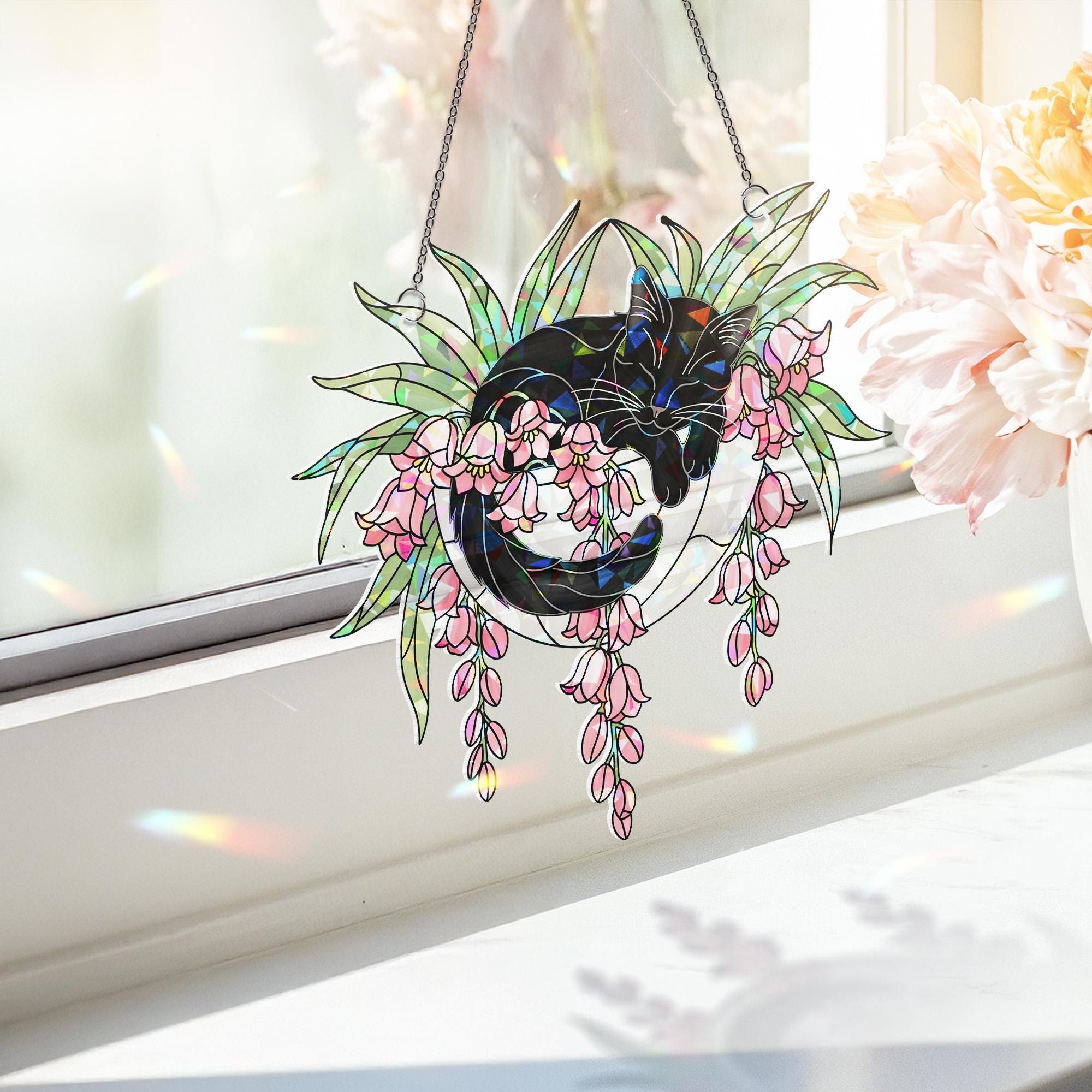 Black Cat with Pink Lily Flowers Hologram Ornament – Sleeping Black Cat ACRYLIC Hanging Window Decor, Lily Floral Art Gift, Cat Lover Gift
