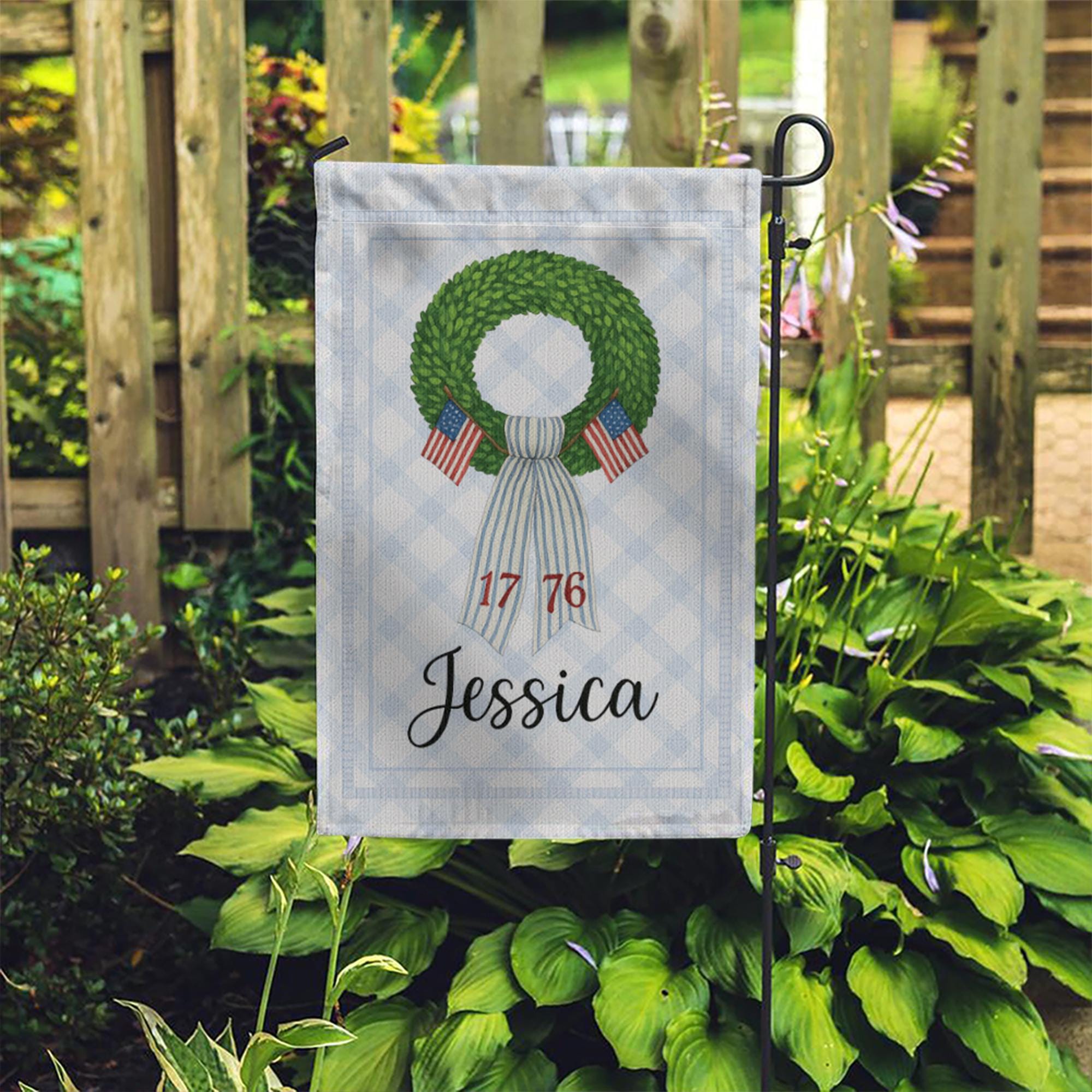 Personalized Patriotic Garden Flag – Custom Name USA Wreath Yard Banner – 1776 July 4th Decor – Independence Day Outdoor Sign