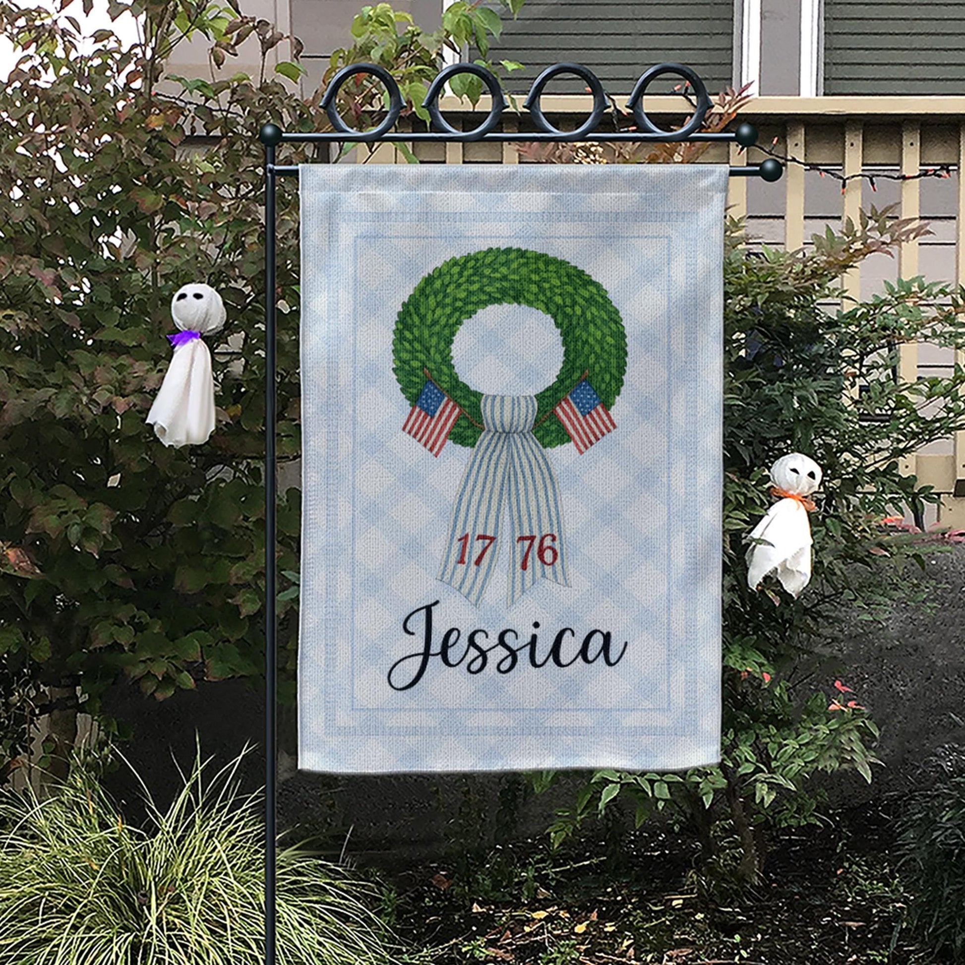 Personalized Patriotic Garden Flag – Custom Name USA Wreath Yard Banner – 1776 July 4th Decor – Independence Day Outdoor Sign