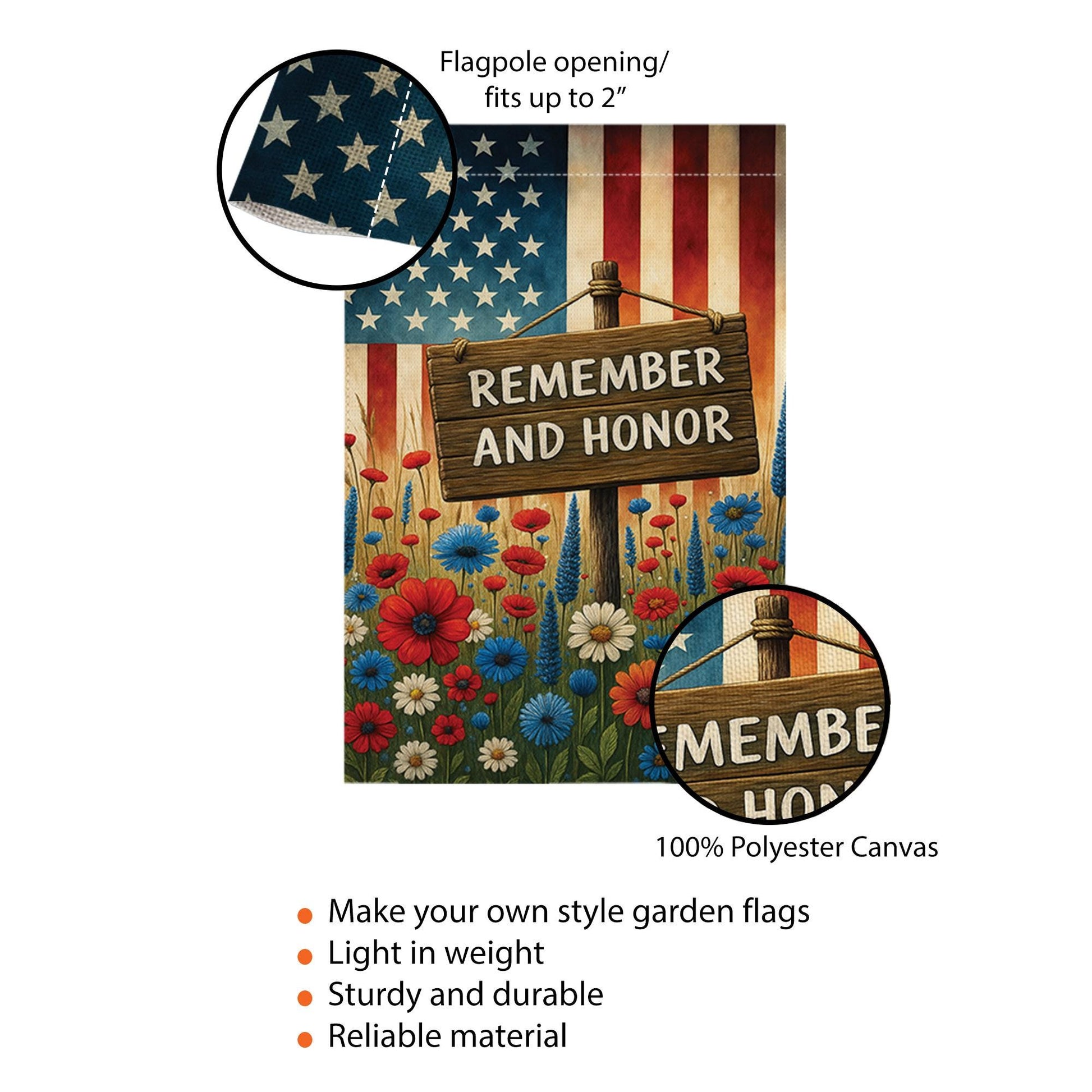 Memorial Day Garden Flag – Remember and Honor Patriotic Yard Banner – Red White Blue Floral Outdoor Decor – Veterans Day Flag USA